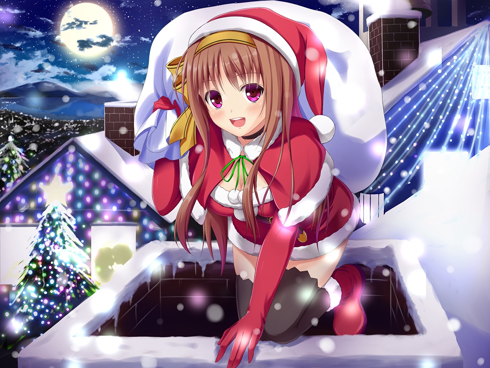 Images New Year Girls Anime Winter Hat Moon Night Time 1600x1200