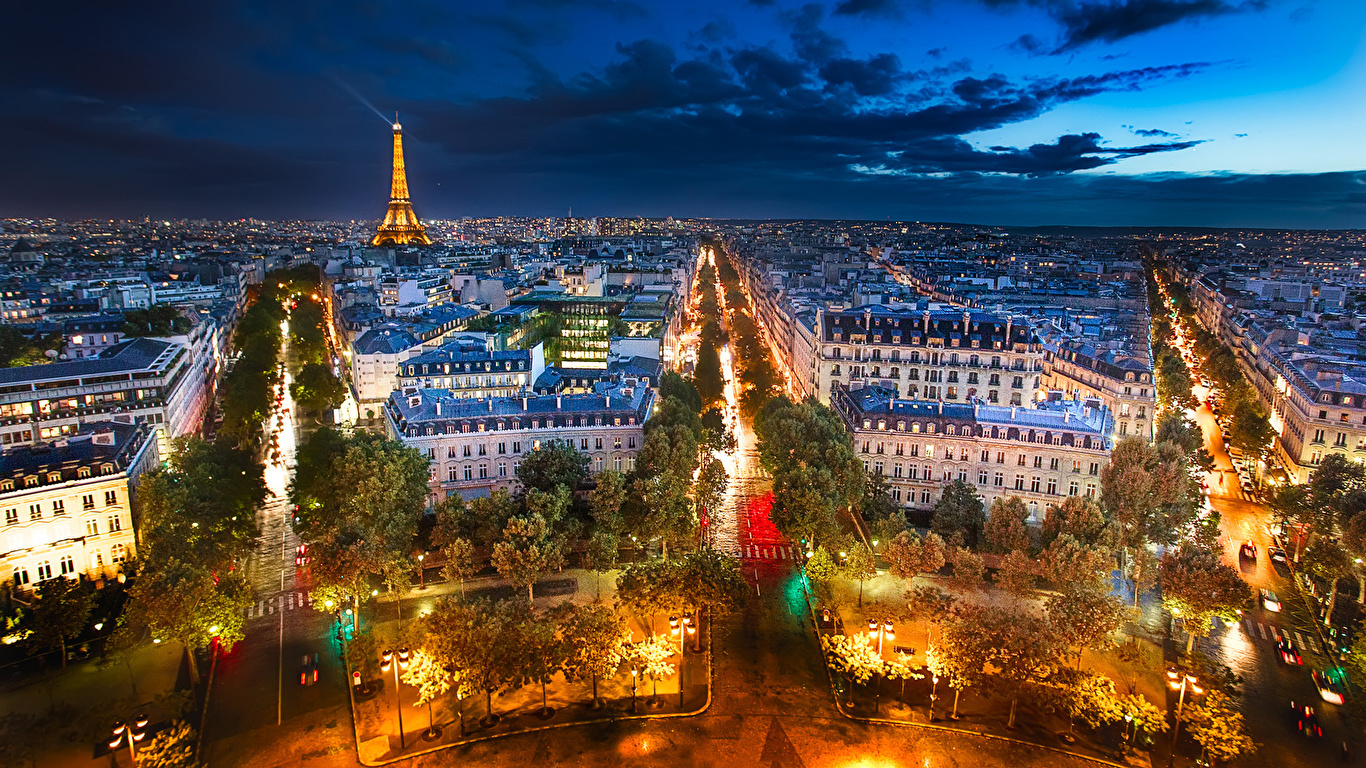壁紙 1366x768 フランス パリ 夜 上から 都市 ダウンロード 写真