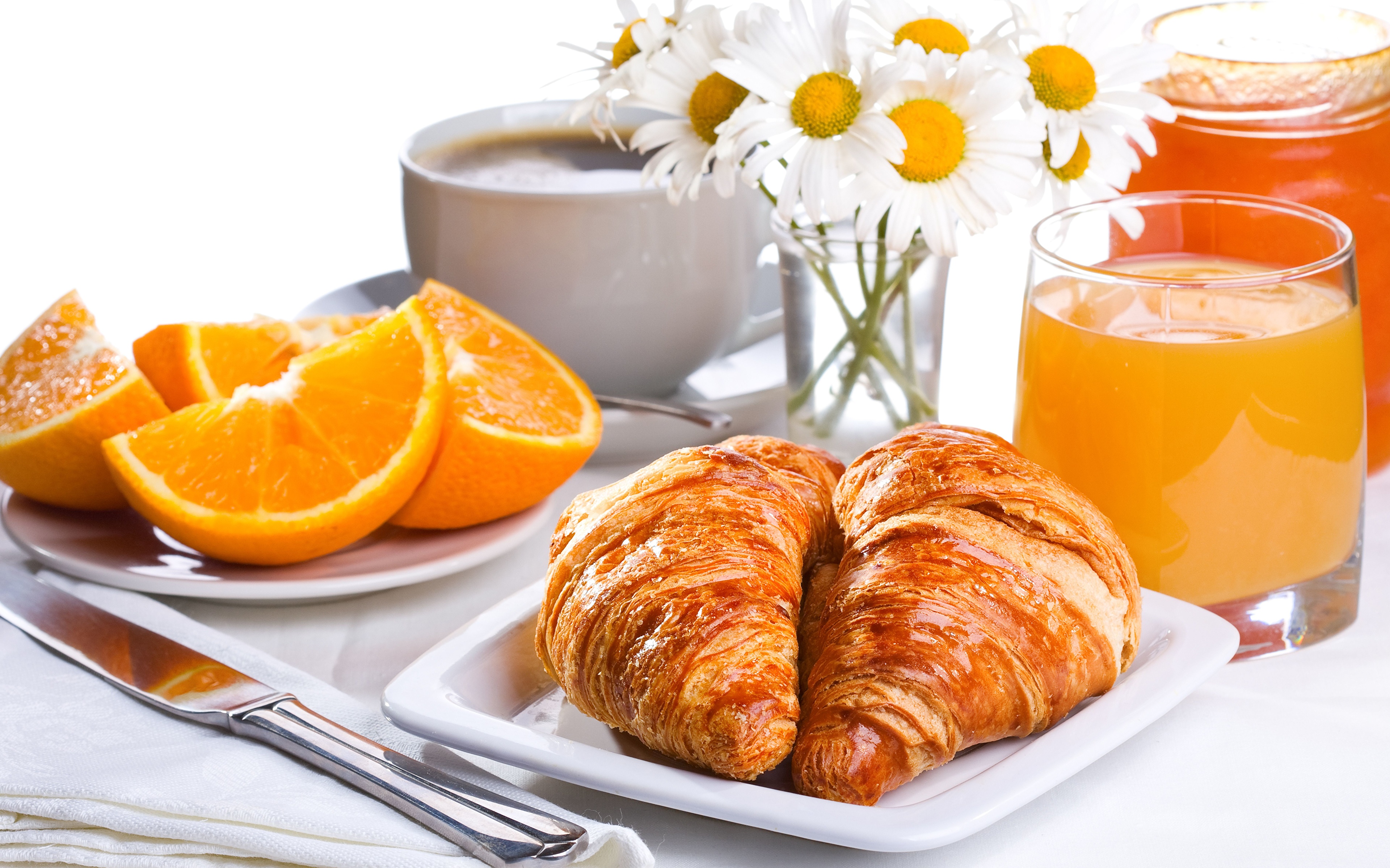 Fonds Decran 3840x2400 Viennoiserie Orange Fruit Jus Café Matricaire Croissant Nourriture 