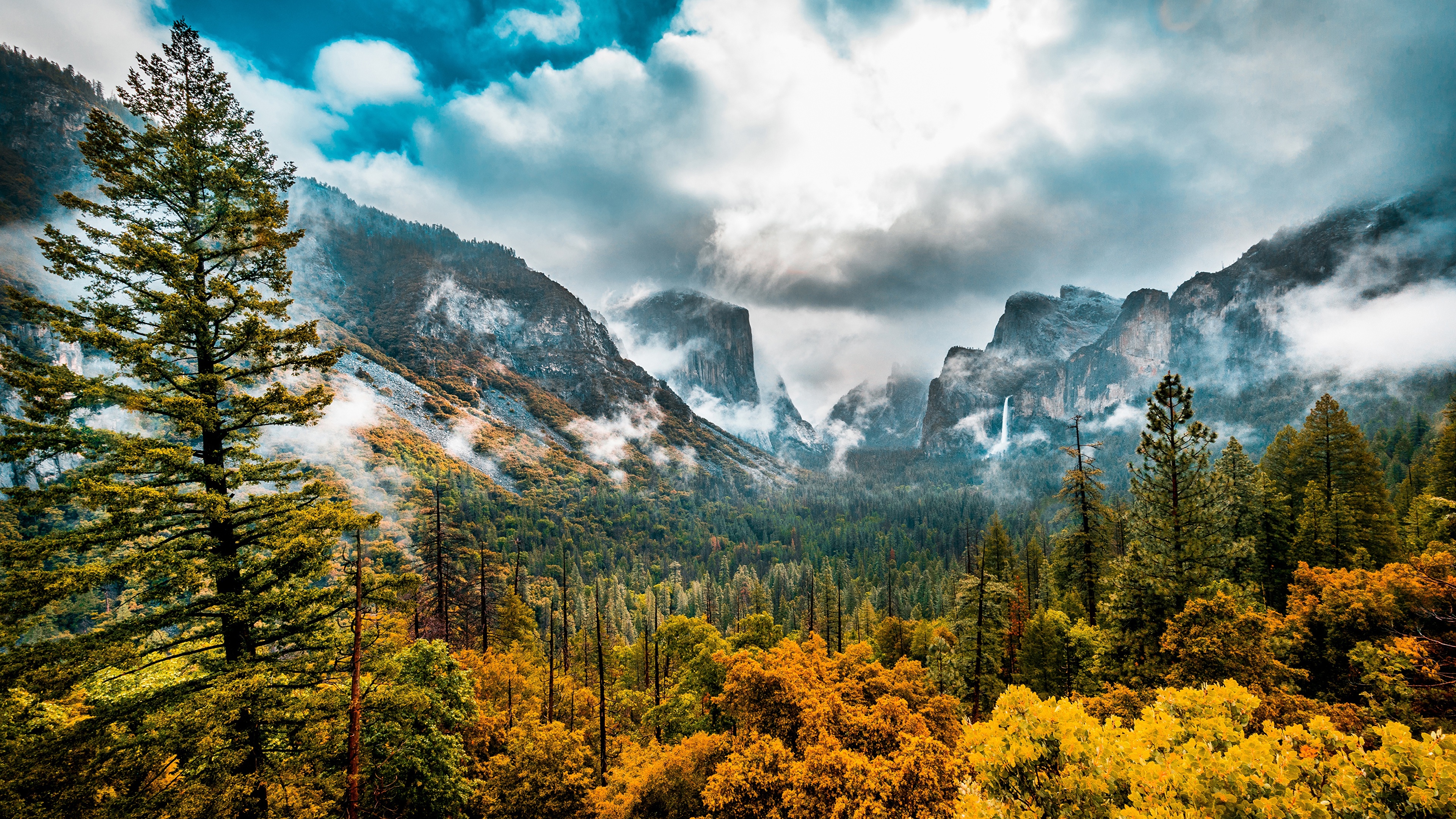 壁紙 3840x2160 アメリカ合衆国 森林 秋 風景写真 Sierra Nevada 木 ヨセミテ国立公園 雲 カリフォルニア州 谷 自然 ダウンロード 写真