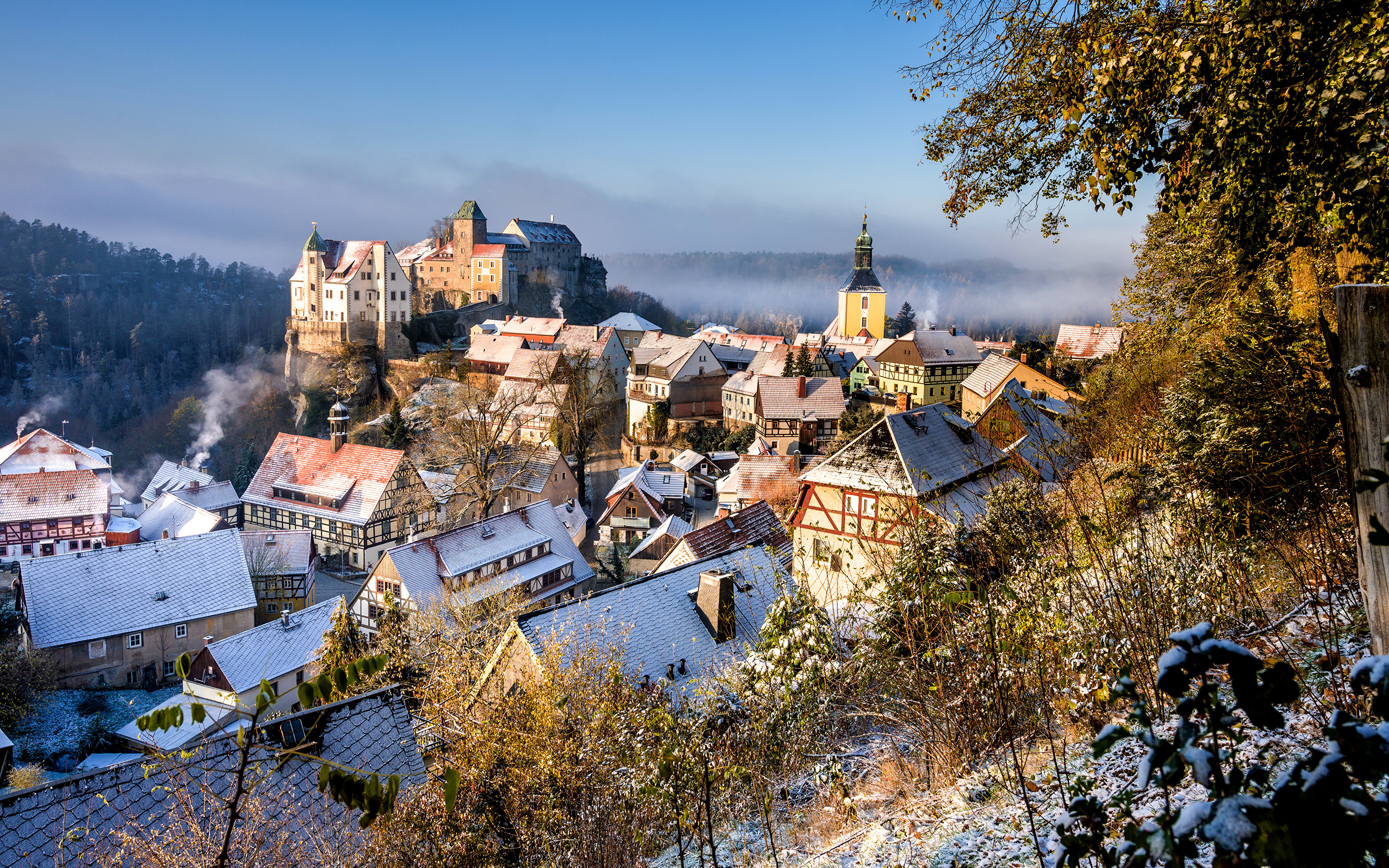 Картинка Германия Hohnstein Зима крыше Дома Города 3840x2400