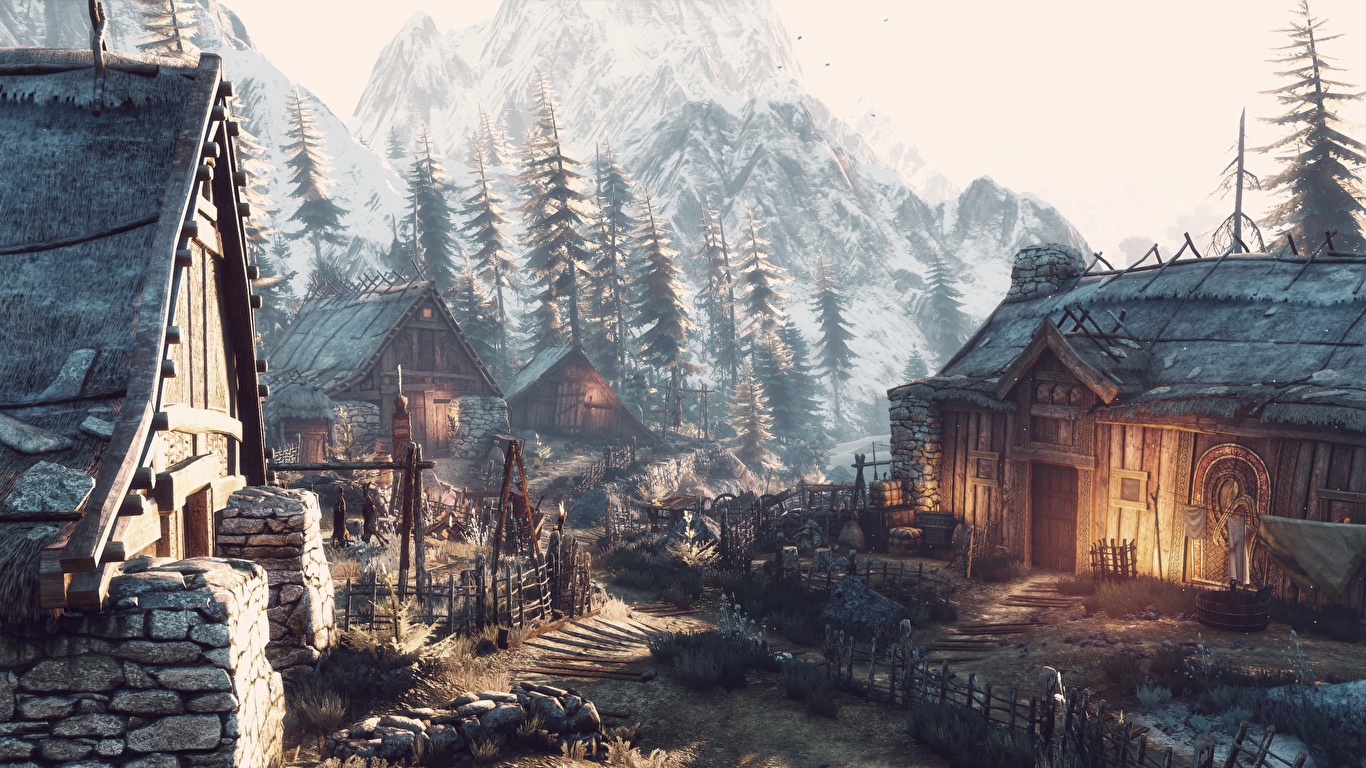 Обои для рабочего стола The Witcher 3: Wild Hunt село 1366x768