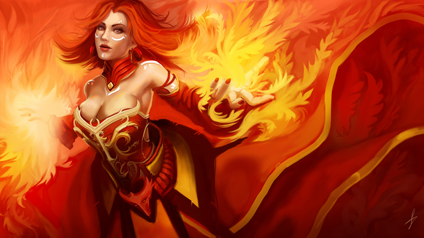 Картинки DOTA 2 Lina волшебство рыжих Девушки Фэнтези Игры 1366x768