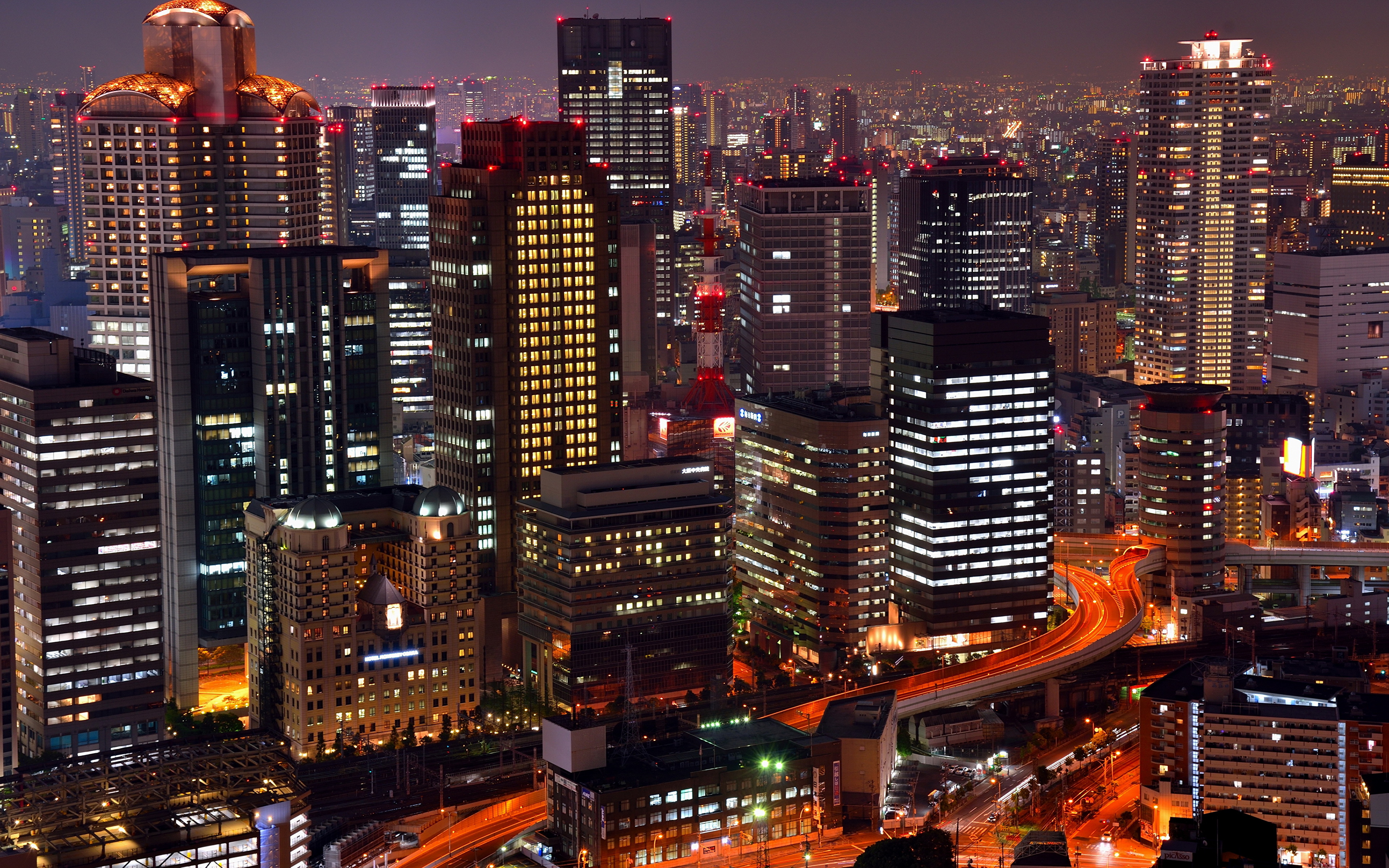 壁紙 3840x2400 日本 住宅 超高層建築物 Osaka 夜 メガロポリス 都市 ダウンロード 写真