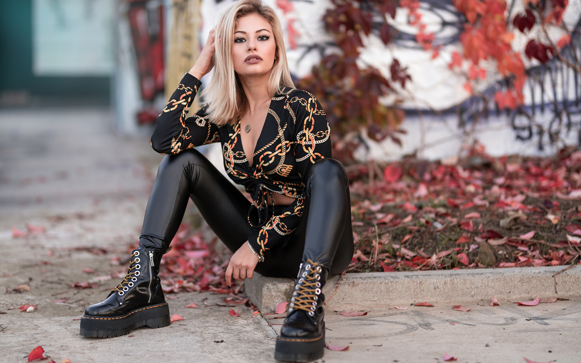 Picture Blonde girl Alessandra Blouse Boots female Legs 1920x1200