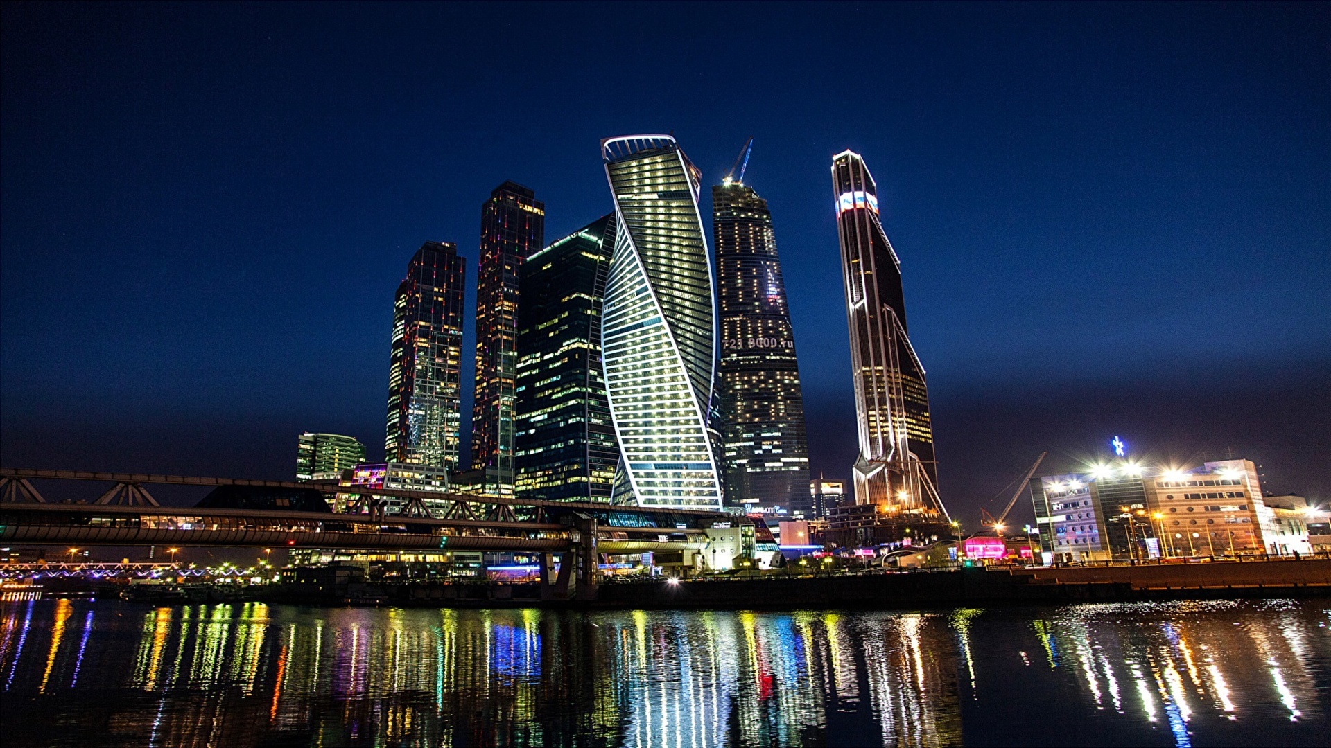 Desktop Wallpapers Moscow Russia Night Rivers Skyscrapers 1920x1080
