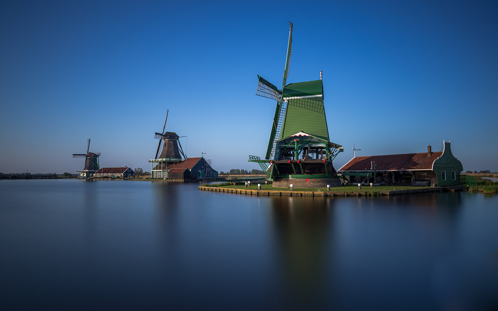 壁紙 19x10 オランダ 空 Zaanse Schans 風車 運河 博物館 自然 ダウンロード 写真