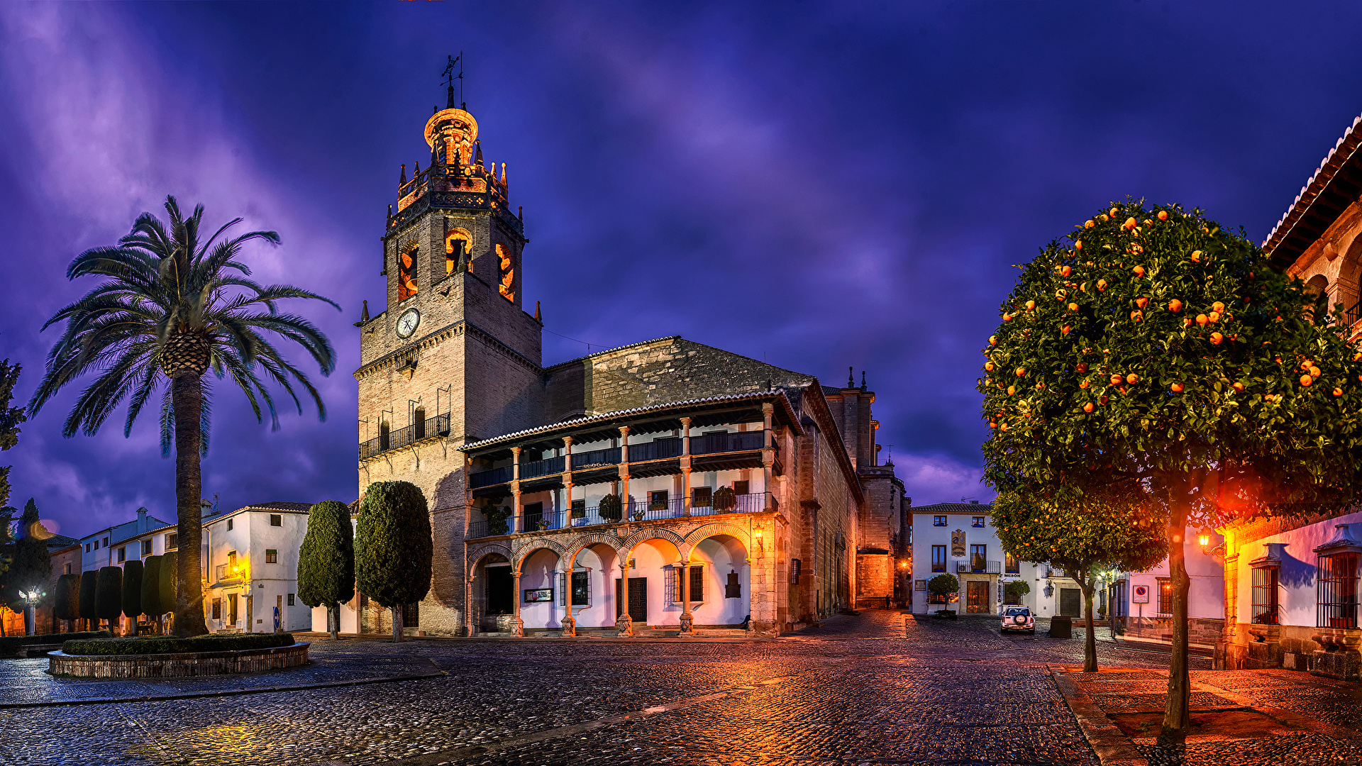 Images Spain Town square Ronda Andalusia HDR Palms Street 1920x1080