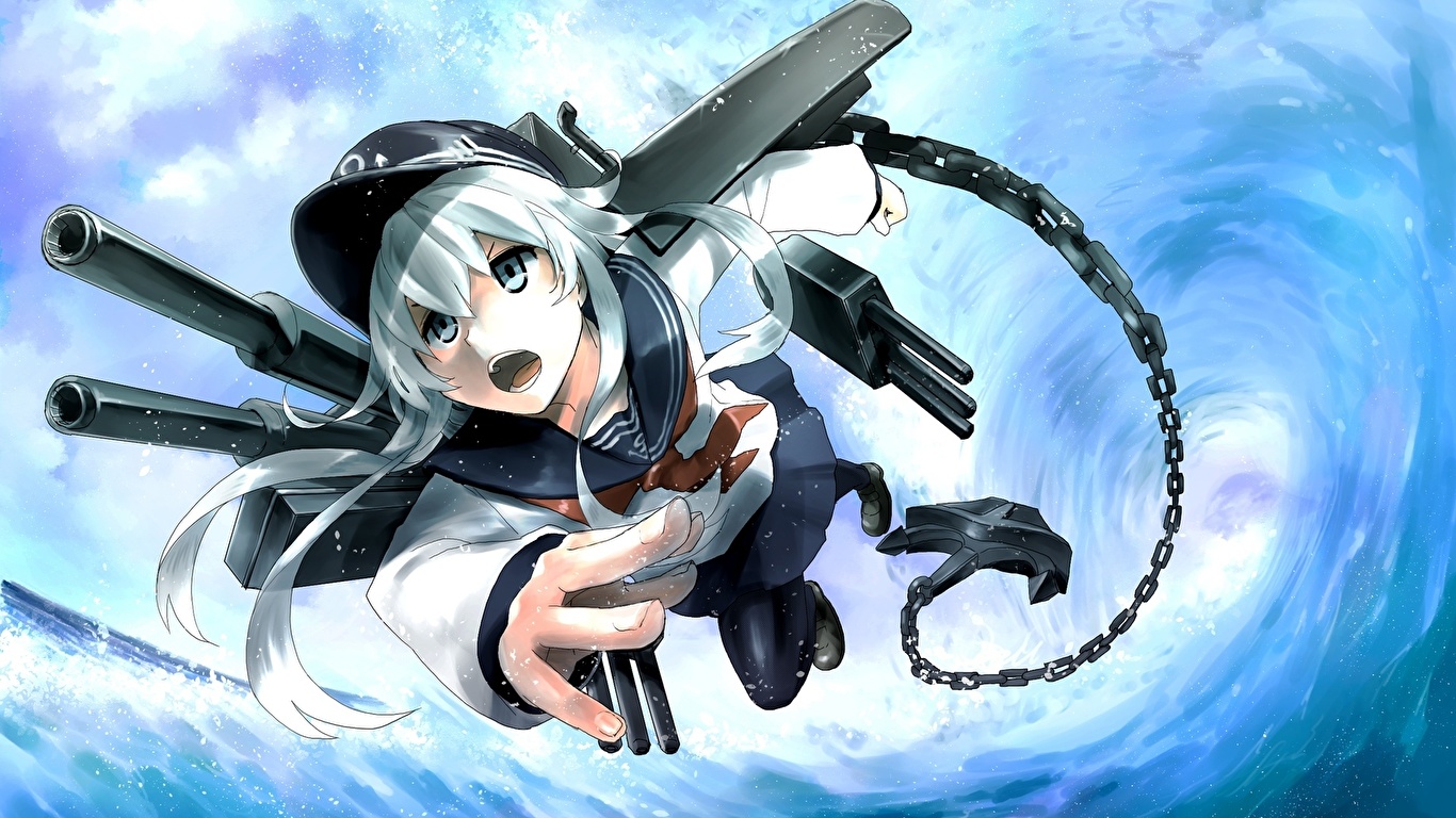 壁紙 1366x768 艦隊これくしょん 艦これ Hibiki 飛翔 鎖 アニメ 少女 ダウンロード 写真