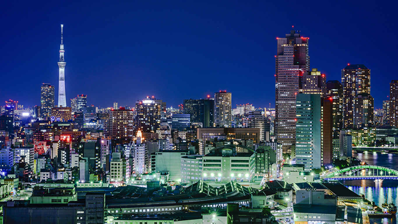 壁紙 1366x768 日本 超高層建築物 東京都 メガロポリス 夜 都市 ダウンロード 写真