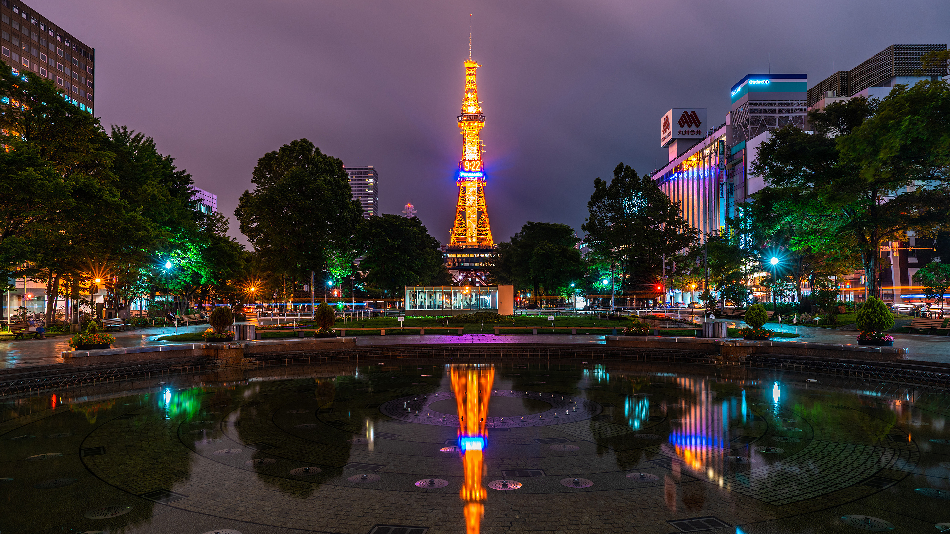 Фото Лучи света Япония Городская площадь Sapporo Пруд Ночь 3840x2160