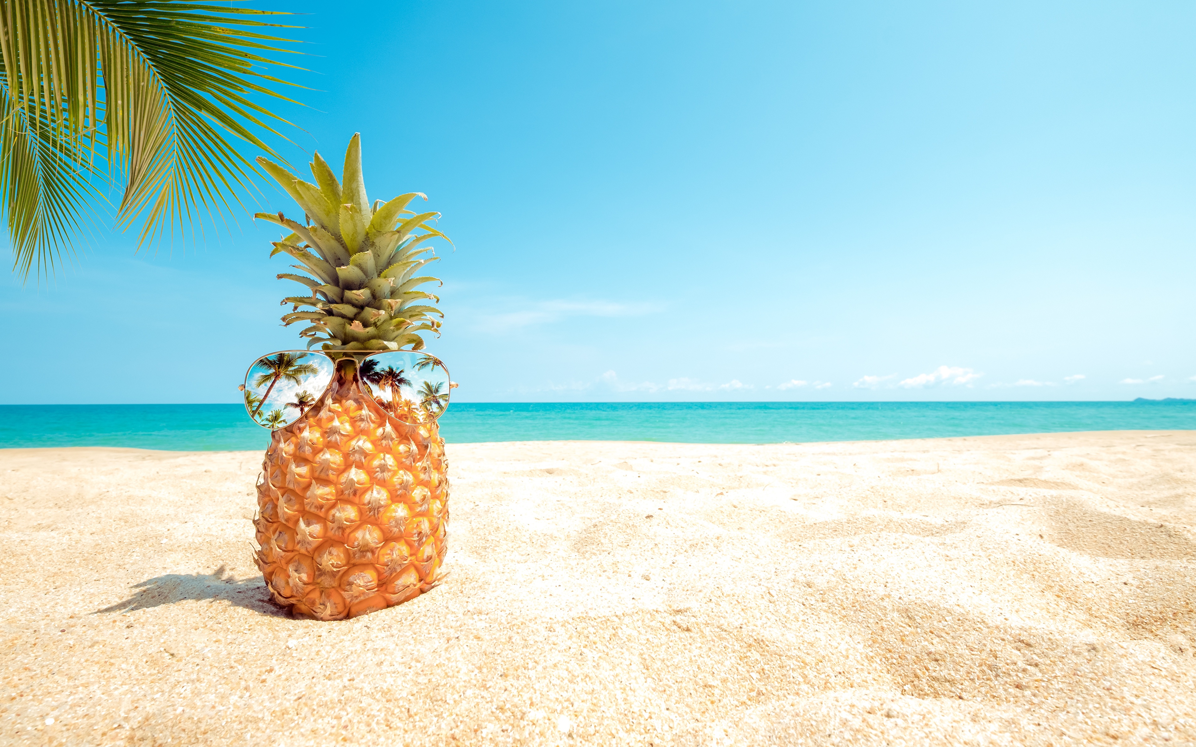 Wallpaper Beach Sand Pineapples Food eyeglasses 3840x2400