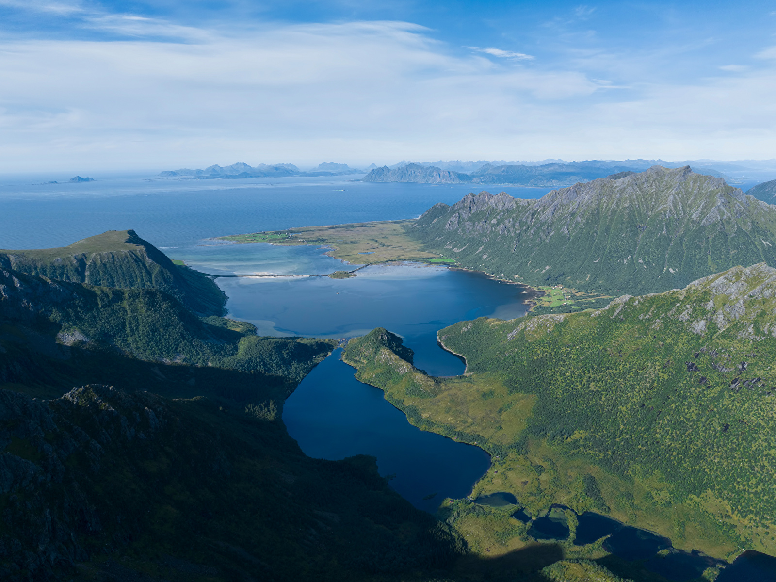 1600x1200、ノルウェー、ロフォーテン諸島、山、フィヨルド、上から、自然、