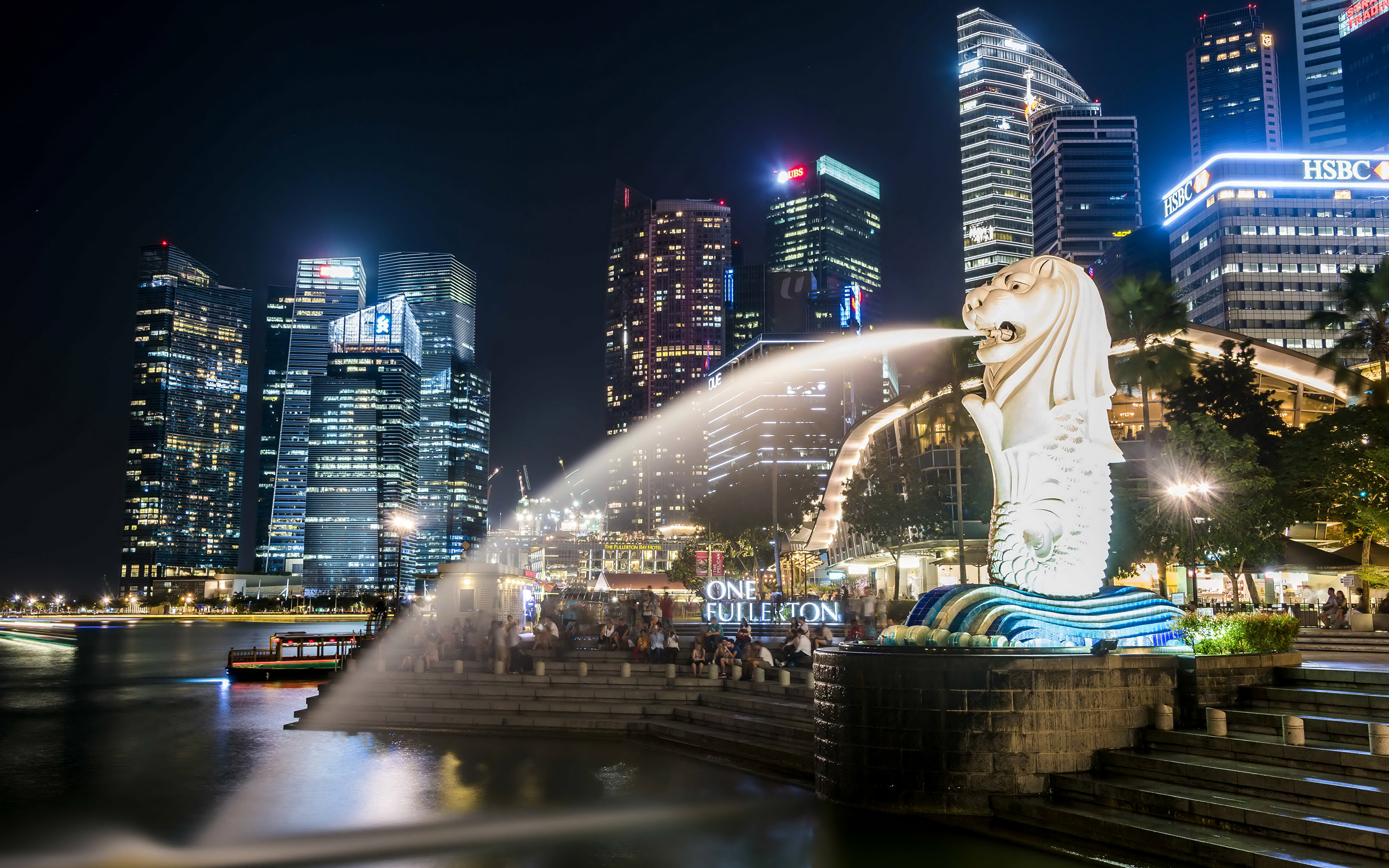 壁紙 3840x2400 シンガポール 超高層建築物 噴水 彫刻 夜 階段 都市 ダウンロード 写真