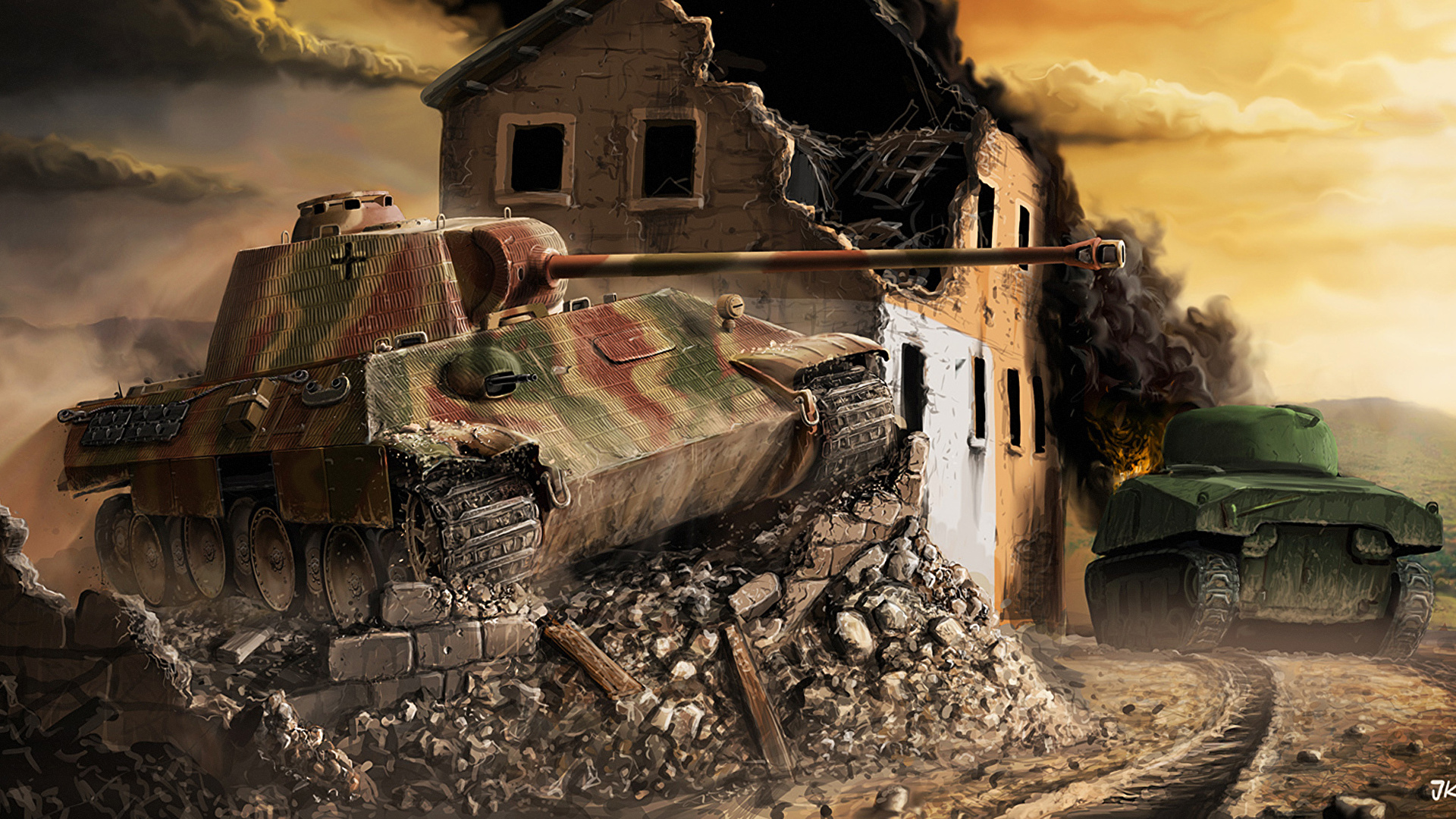 壁紙 19x1080 ワールドオブタンクス 戦車 廃墟 描かれた壁紙 Panther Sherman ゲーム ダウンロード 写真
