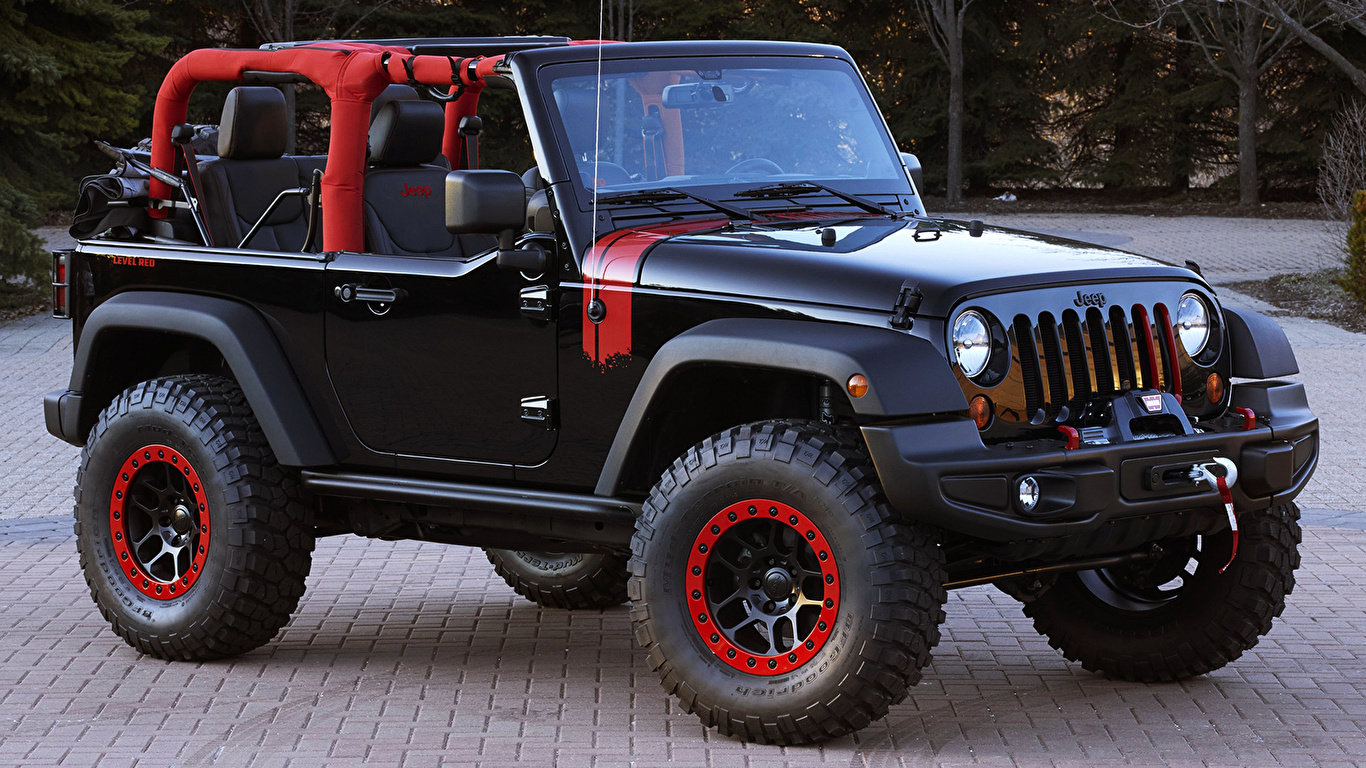 Обои для рабочего стола Джип Wrangler Level Red черная авто 1366x768