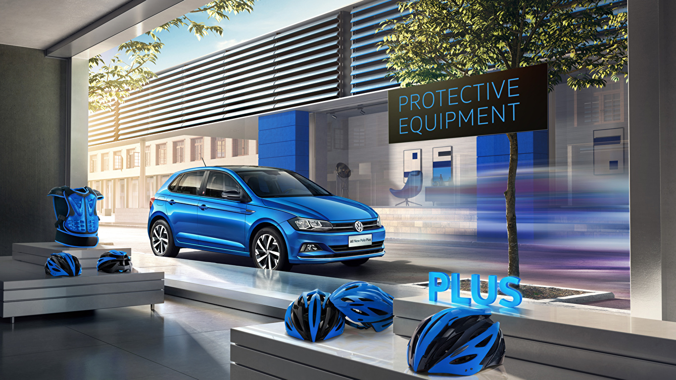 Desktop Hintergrundbilder Volkswagen 2019-20 Polo Plus Hellblau automobil 1366x768 auto Autos