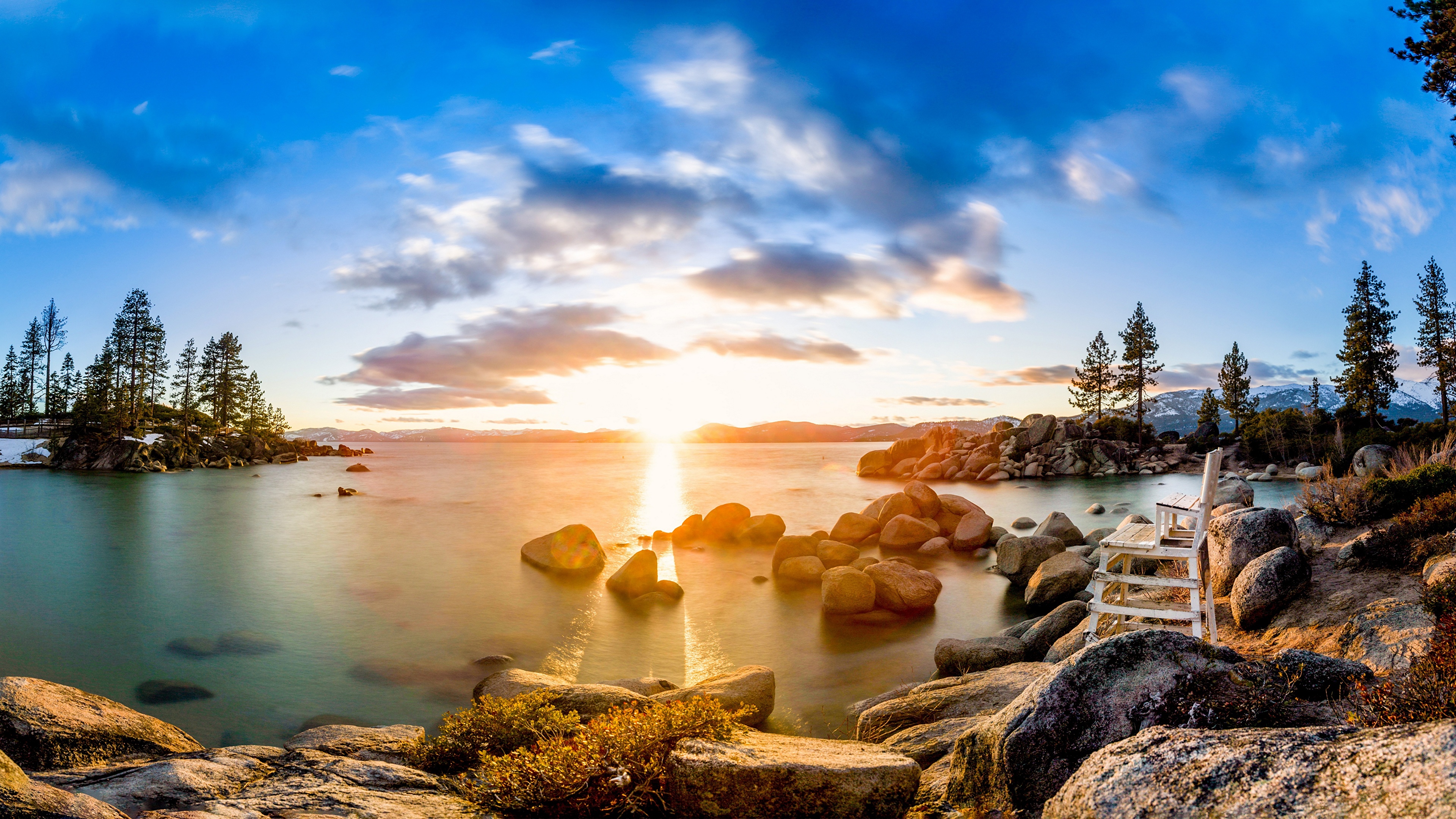 壁紙 3840x2160 アメリカ合衆国 湖 石 朝焼けと日没 Lake Tahoe 木 雲 ベンチ 自然 ダウンロード 写真