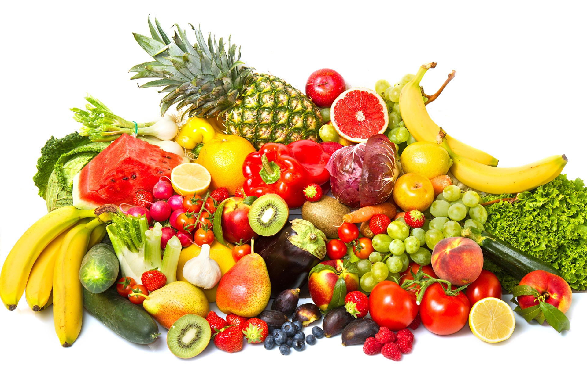 Picture Tomatoes Pears Grapes Bananas Raspberry Pineapples 1920x1200