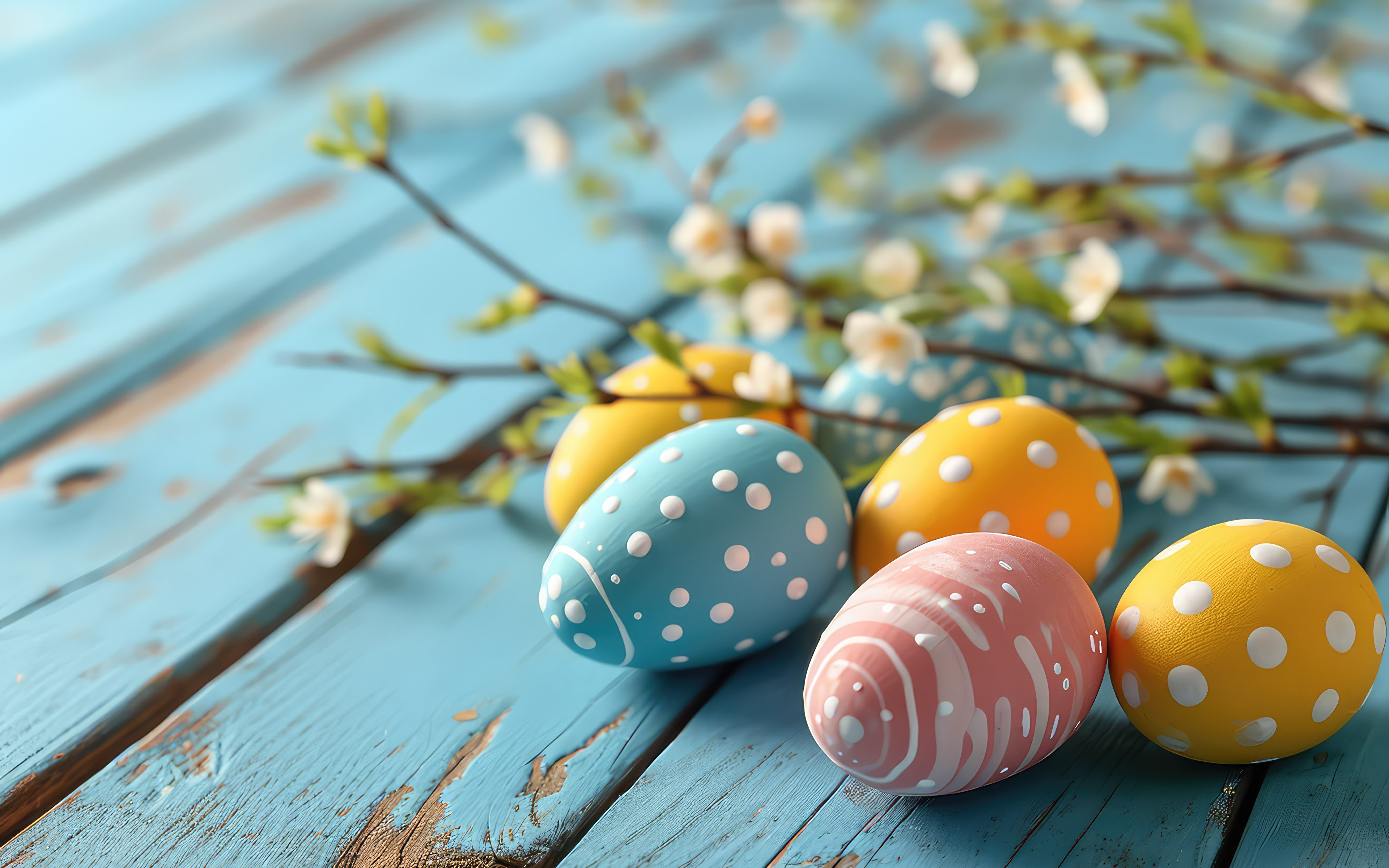 Image Easter blurred background Eggs Branches 3840x2400