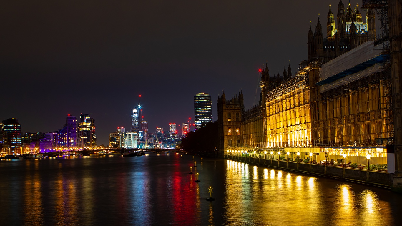 壁紙 1366x768 イングランド 橋 川 Thames Palace Of Westminster ロンドン 夜 都市 ダウンロード 写真