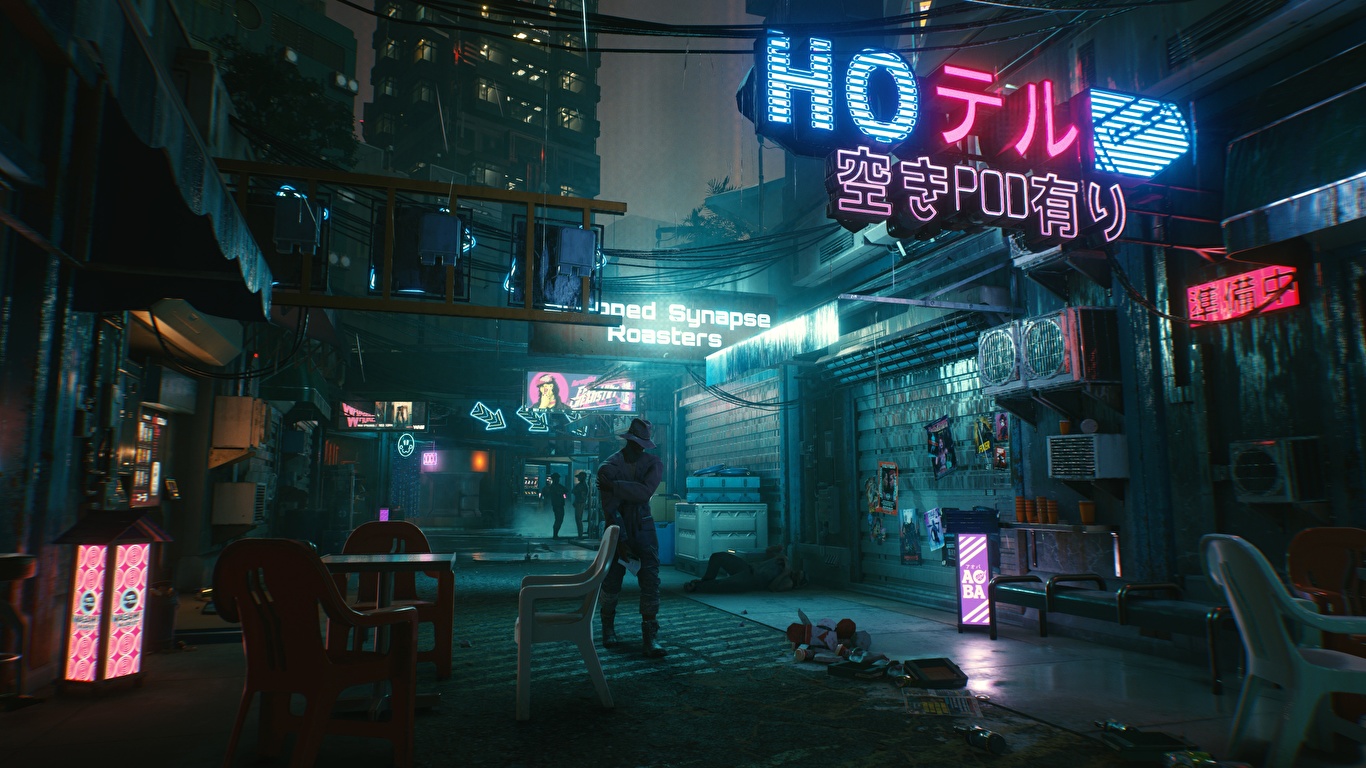 Download wallpaper: Cyberpunk 2077 city view 1366x768