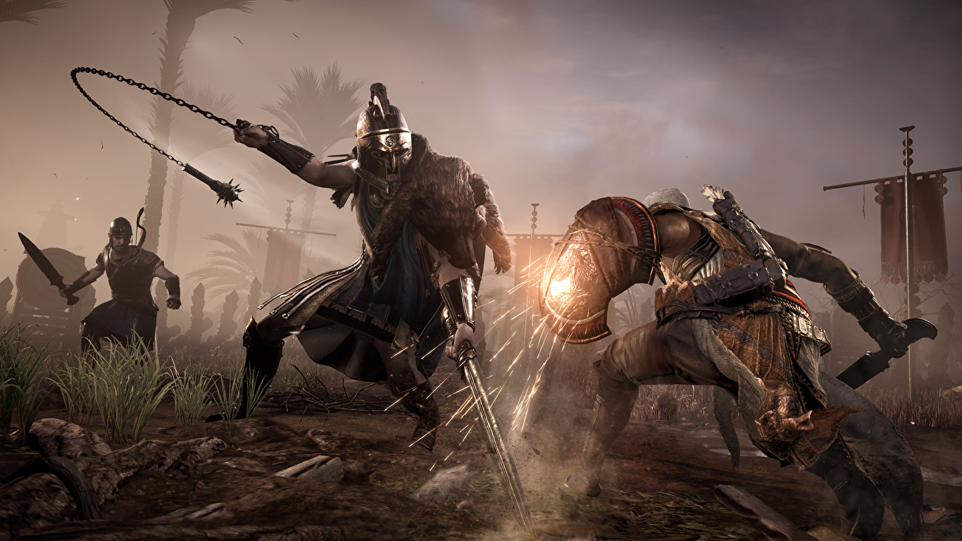 1366x768 Guerreiro Batalha Assassin's Creed Origins videojogo, guerreiros Jogos 3D Gráfica