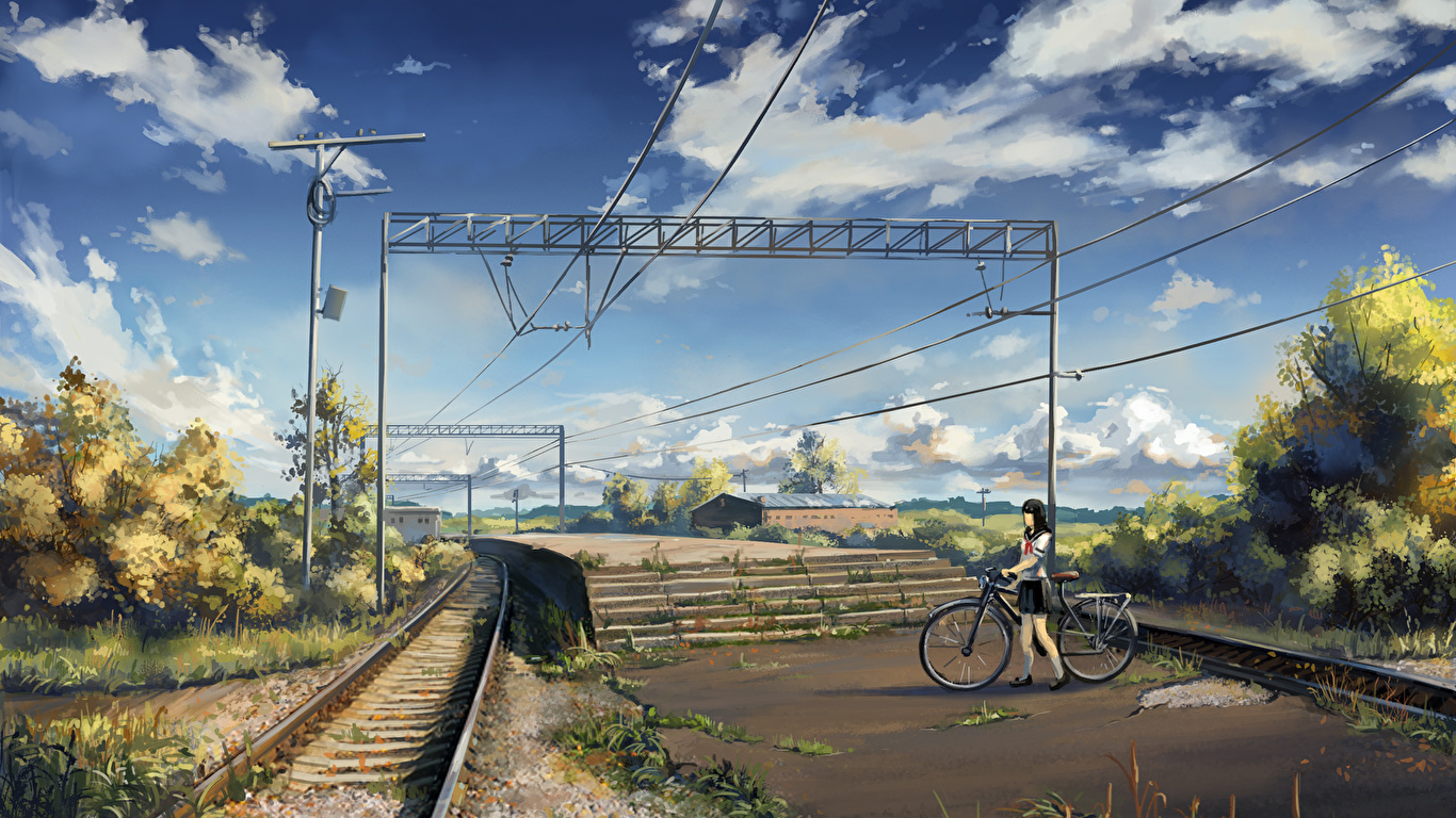 壁紙 1366x768 鉄道 空 自転車 小さな女の子 アニメ ダウンロード 写真