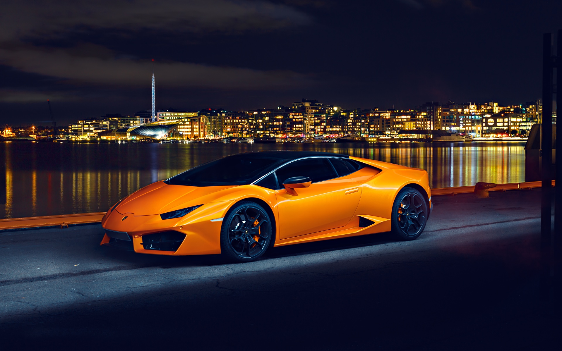 Картинки Lamborghini Huracan 2016 LP 580-2 оранжевых Ночь 1920x1200