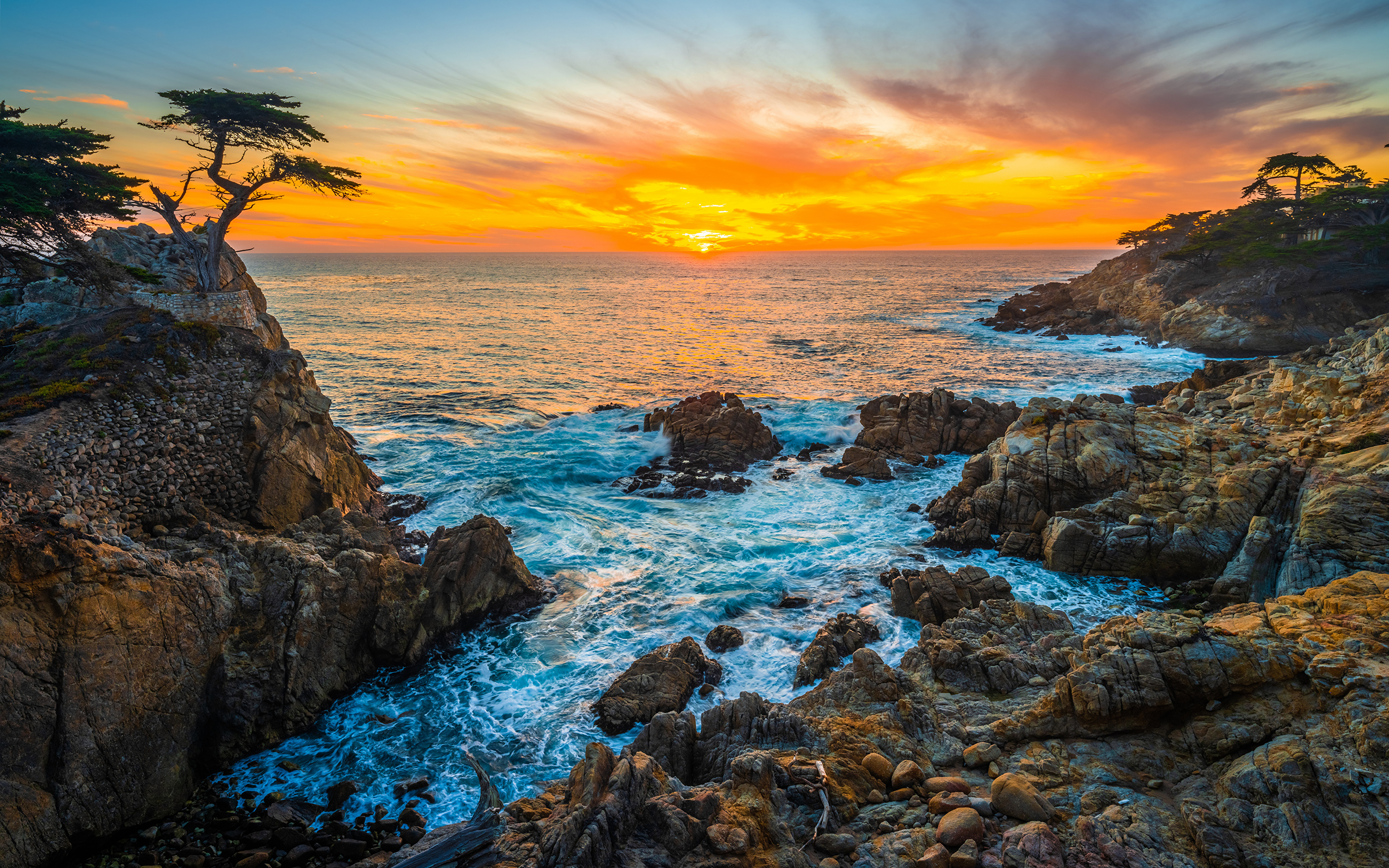 壁紙 3840x2400 アメリカ合衆国 海岸 大洋 石 朝焼けと日没 Pebble Beach 岩 カリフォルニア州 自然 ダウンロード 写真
