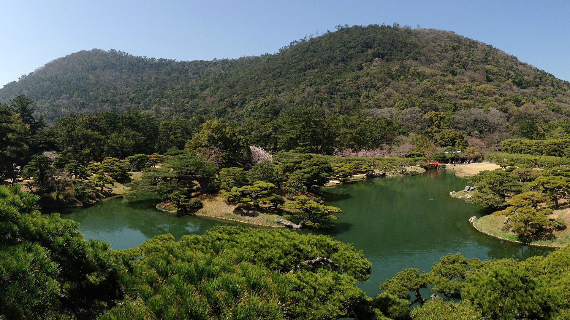 壁紙 19x1080 風景攝影 日本 庭園 池塘 Takamatsu Ritsurin Garden 大自然 下载 照片