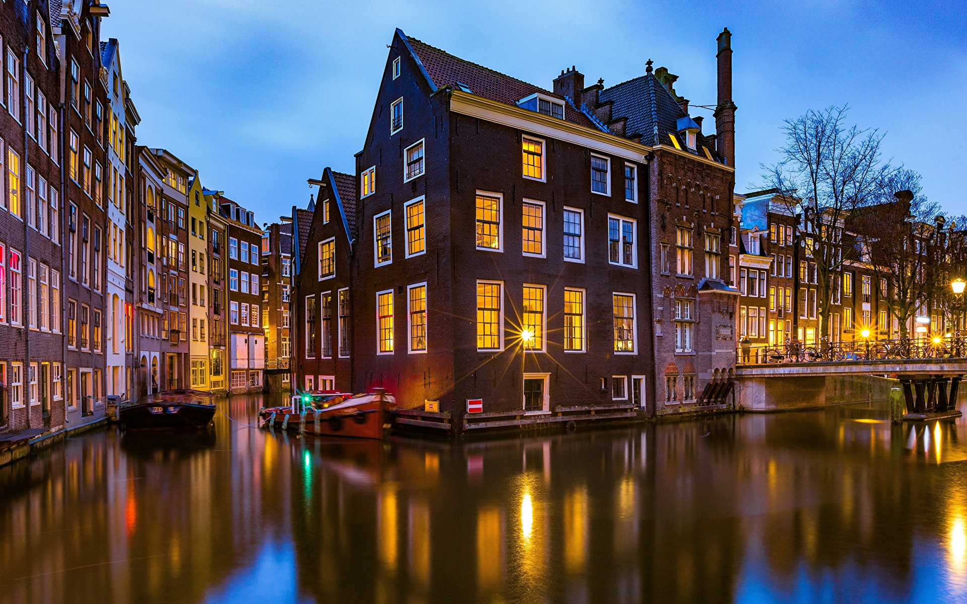 Pictures Amsterdam Netherlands Canal bridge Houses Cities 1920x1200