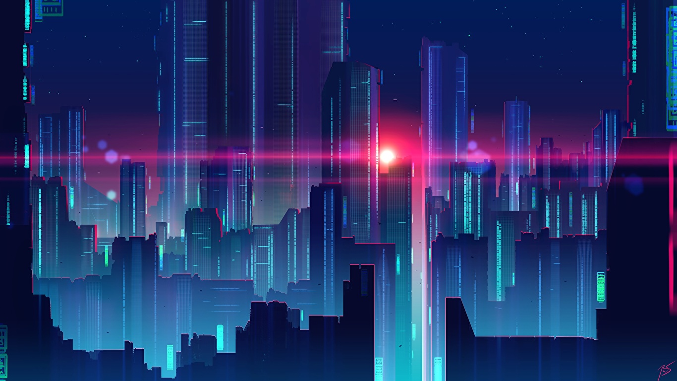 Wallpaper Synthwave By Joey Jazz Skyscrapers Cities Houses 1366x768