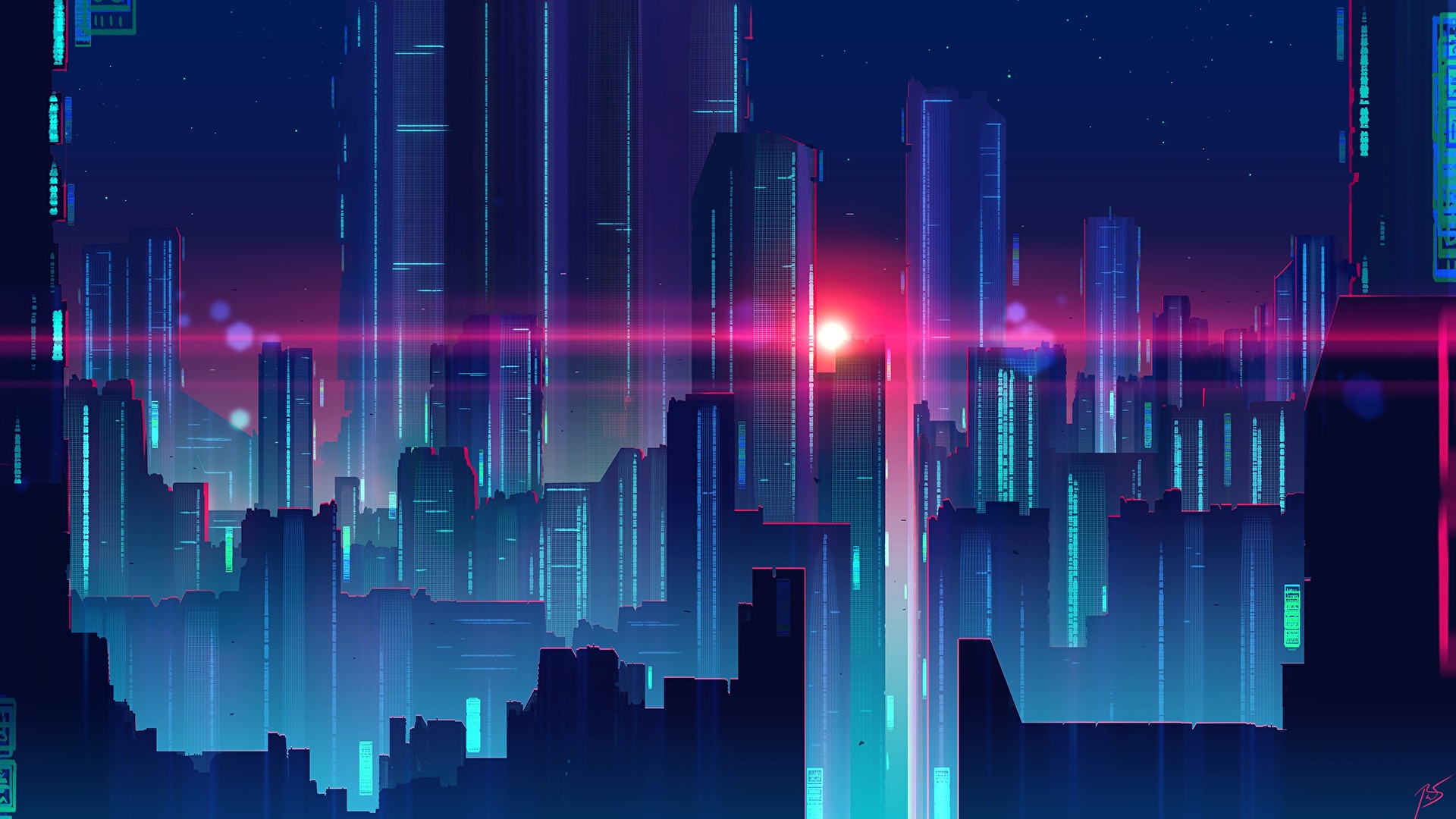Wallpaper Synthwave By Joey Jazz Skyscrapers Houses Cities 19x1080