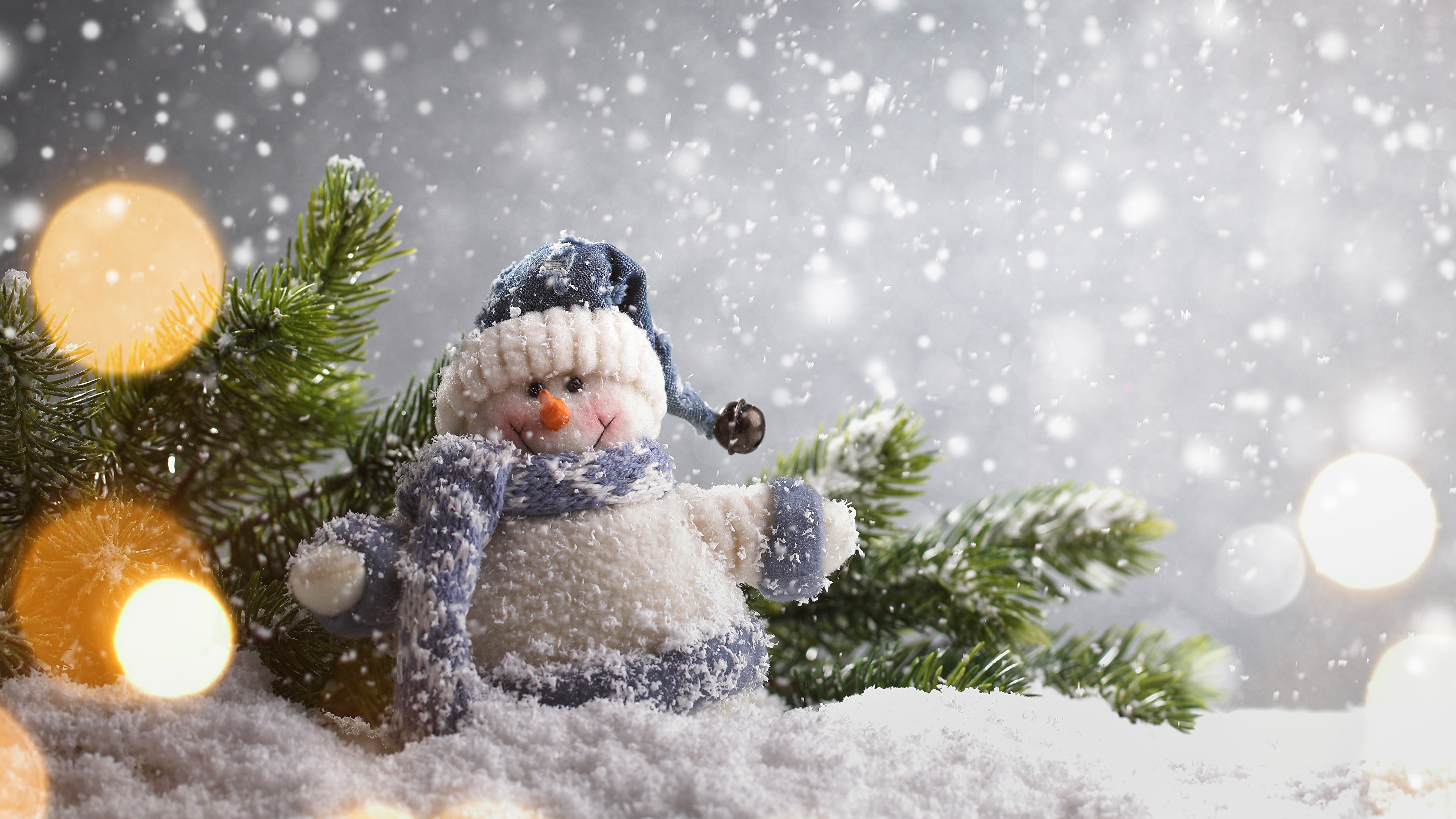 Pictures New year Snow Snowmen Branches 3840x2160