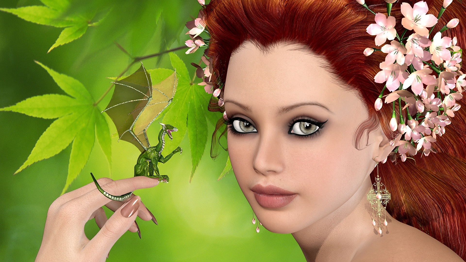 Desktop Wallpapers Dragons Redhead Girl Face Fantasy 3d 1920x1080