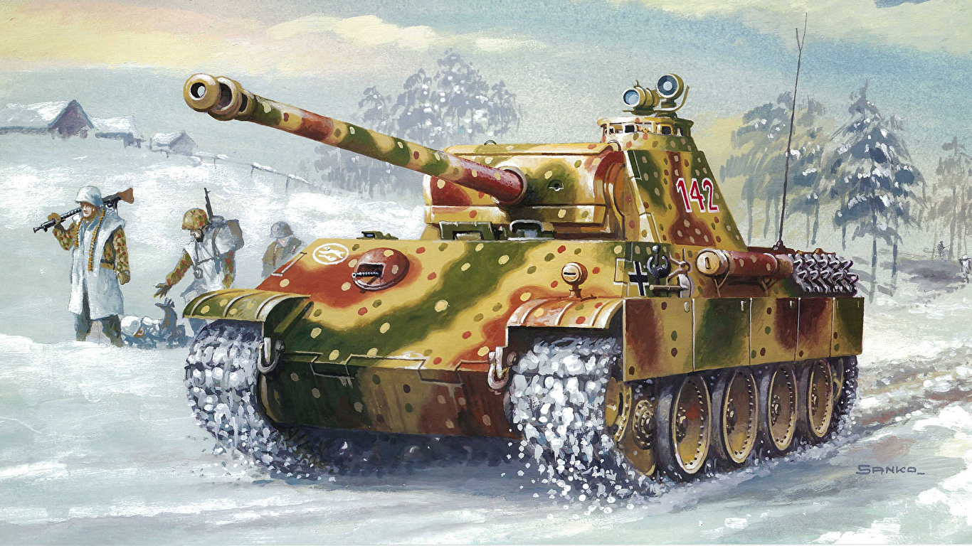 Pictures Tanks Panther Painting Art Army 1366x768