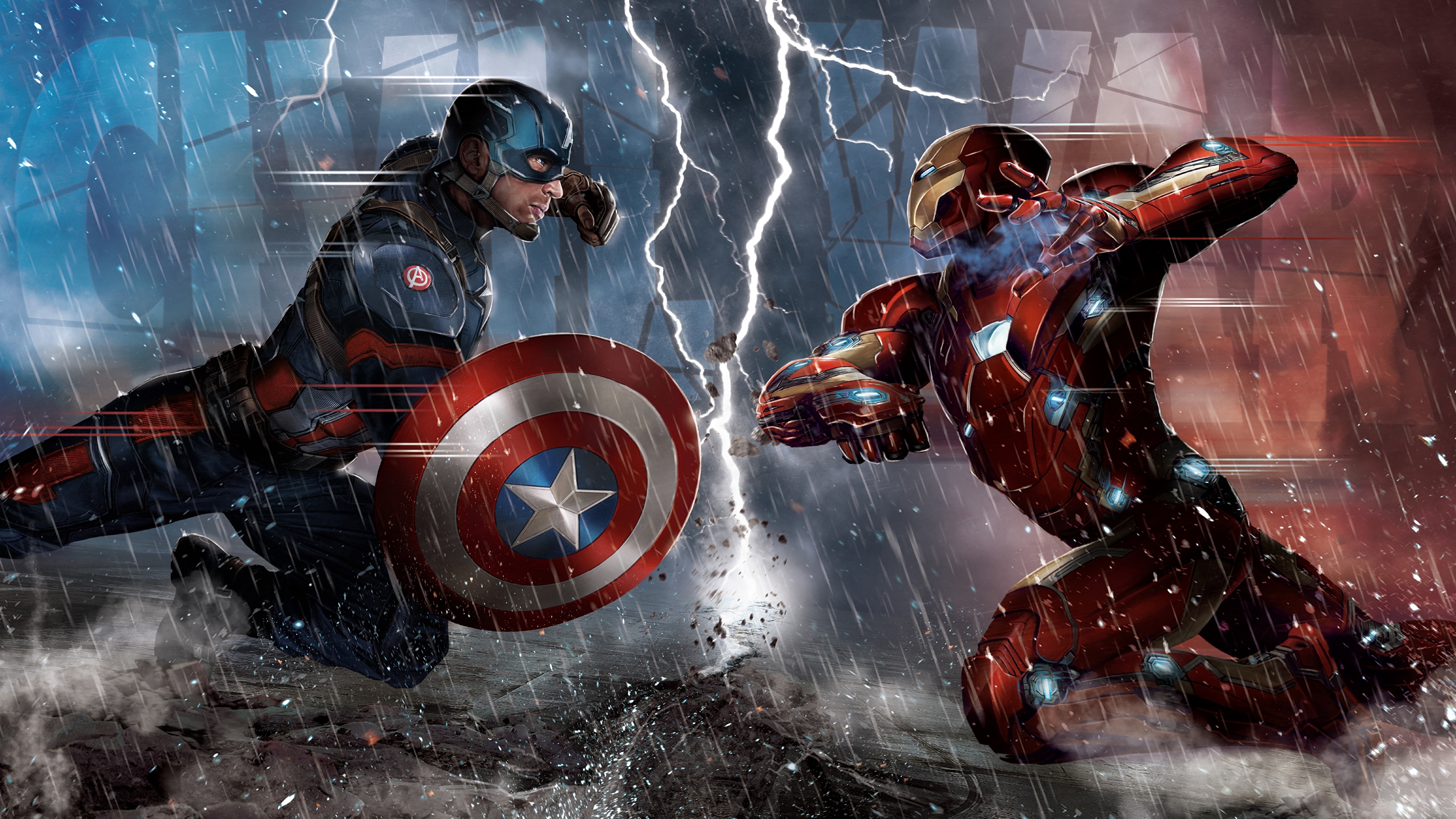 壁紙 3840x2160 戦闘 アイアンマン キャプテン アメリカ 雨 Captain America Civil War 盾 雷 映画 ダウンロード 写真