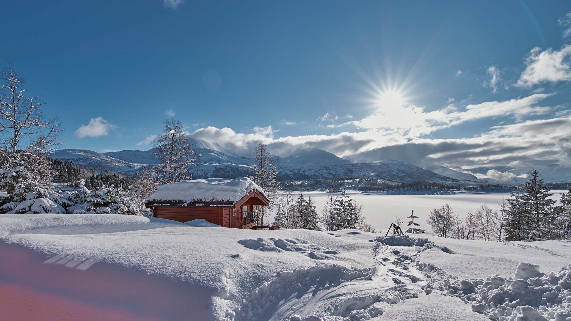 壁紙 19x1080 冬 住宅 ノルウェー 雪 太陽 自然 ダウンロード 写真