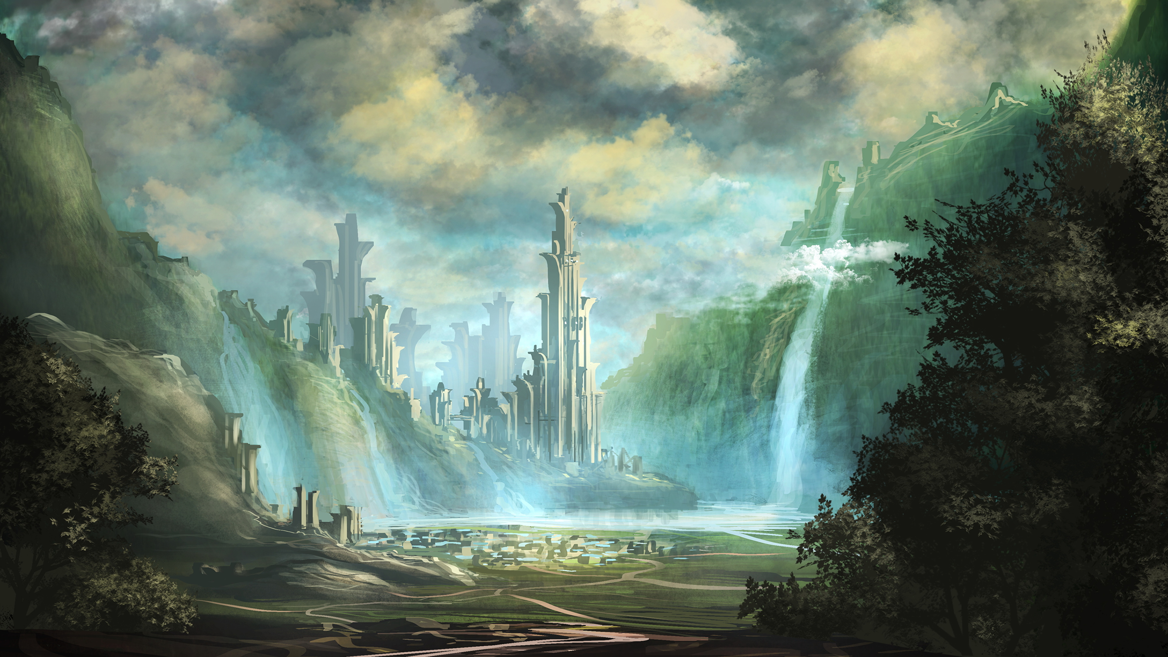 Fantasy Landscapes Elven City Digital Print Screen Saver Fantasy