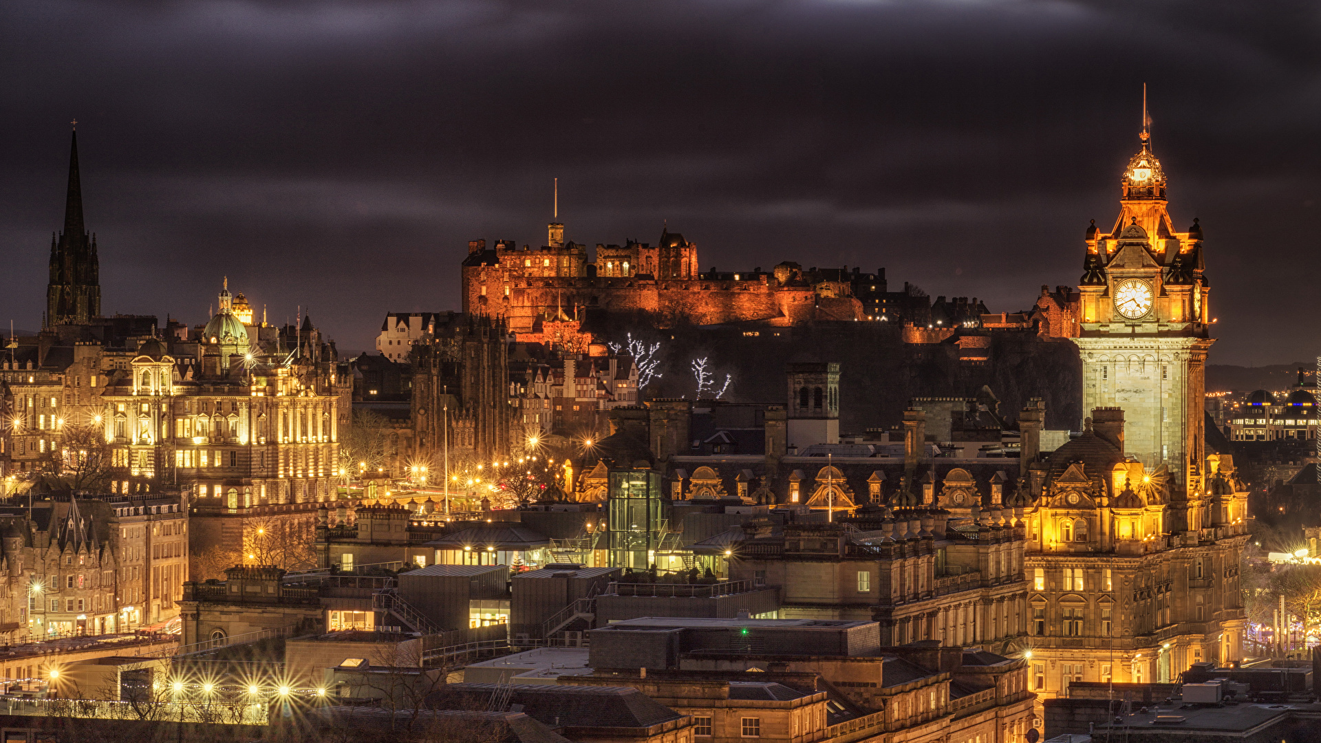 Wallpaper Edinburgh Scotland Clock Castle Night Street 1920x1080