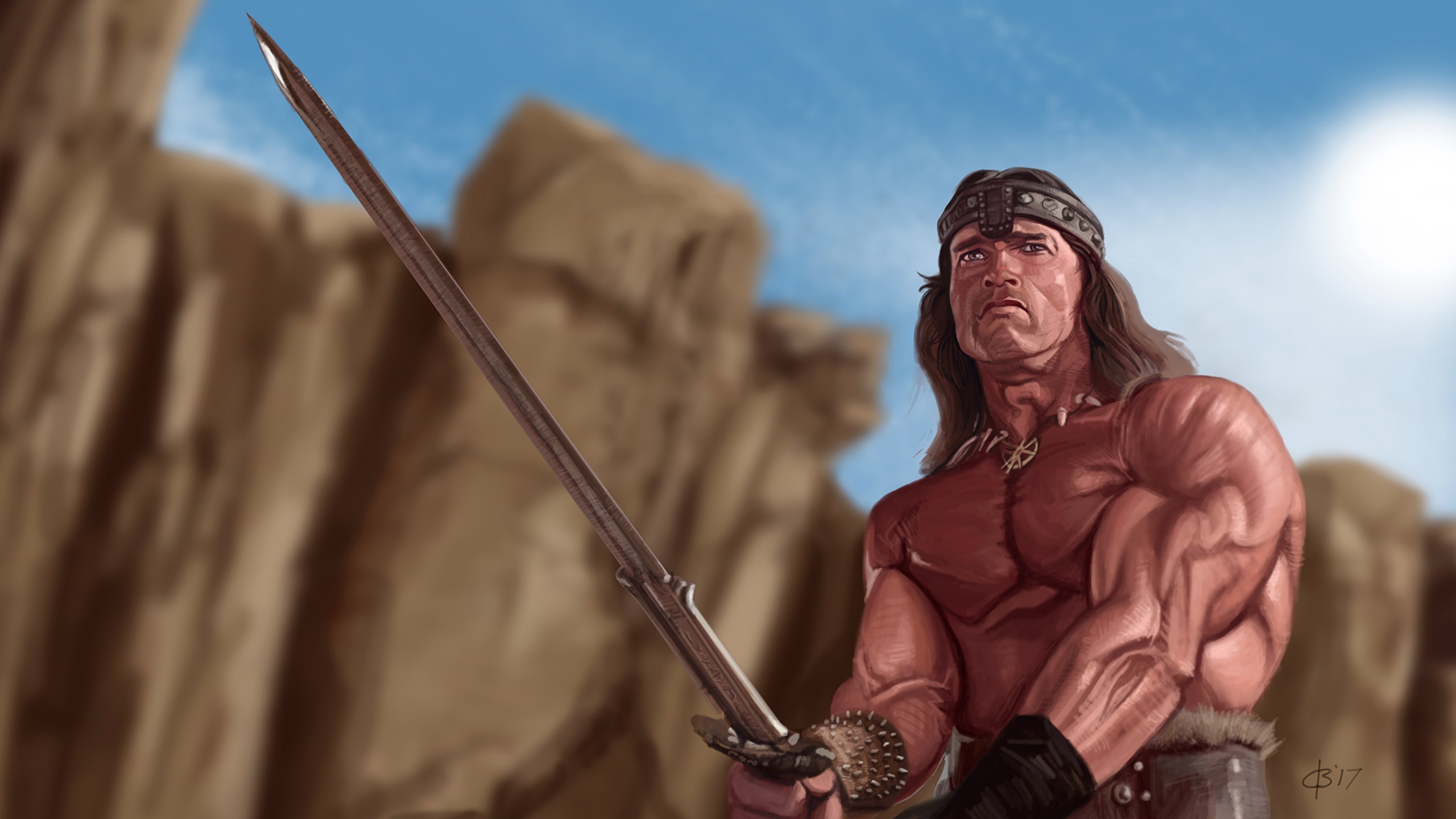 Images Arnold Schwarzenegger Swords Warriors Conan The 2560x1440