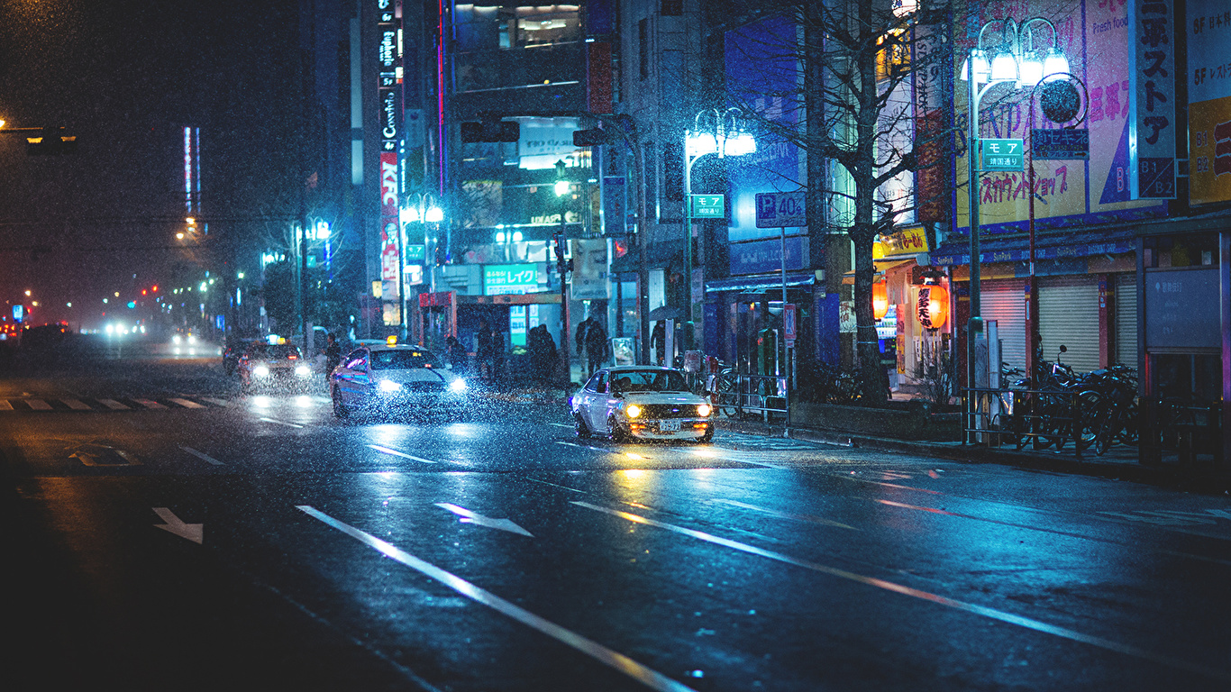 1366x768、日本、雨、datsun、ストリート、夜、都市、
