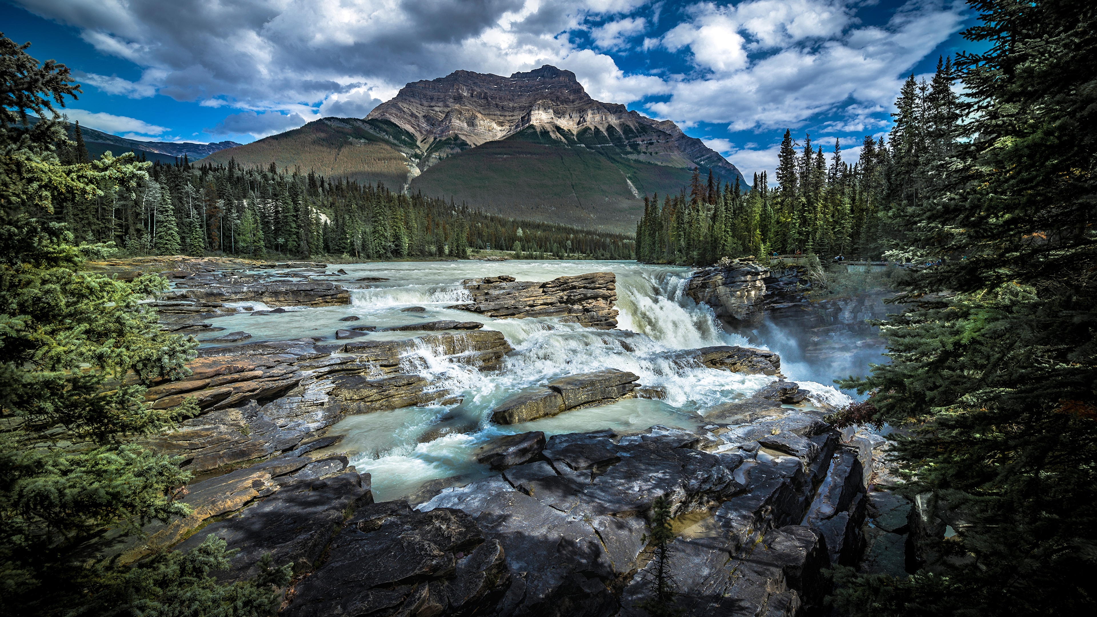 壁紙 3840x2160 カナダ 公園 山 川 石 風景写真 Alberta 雲 ジャスパー国立公園 自然 ダウンロード 写真