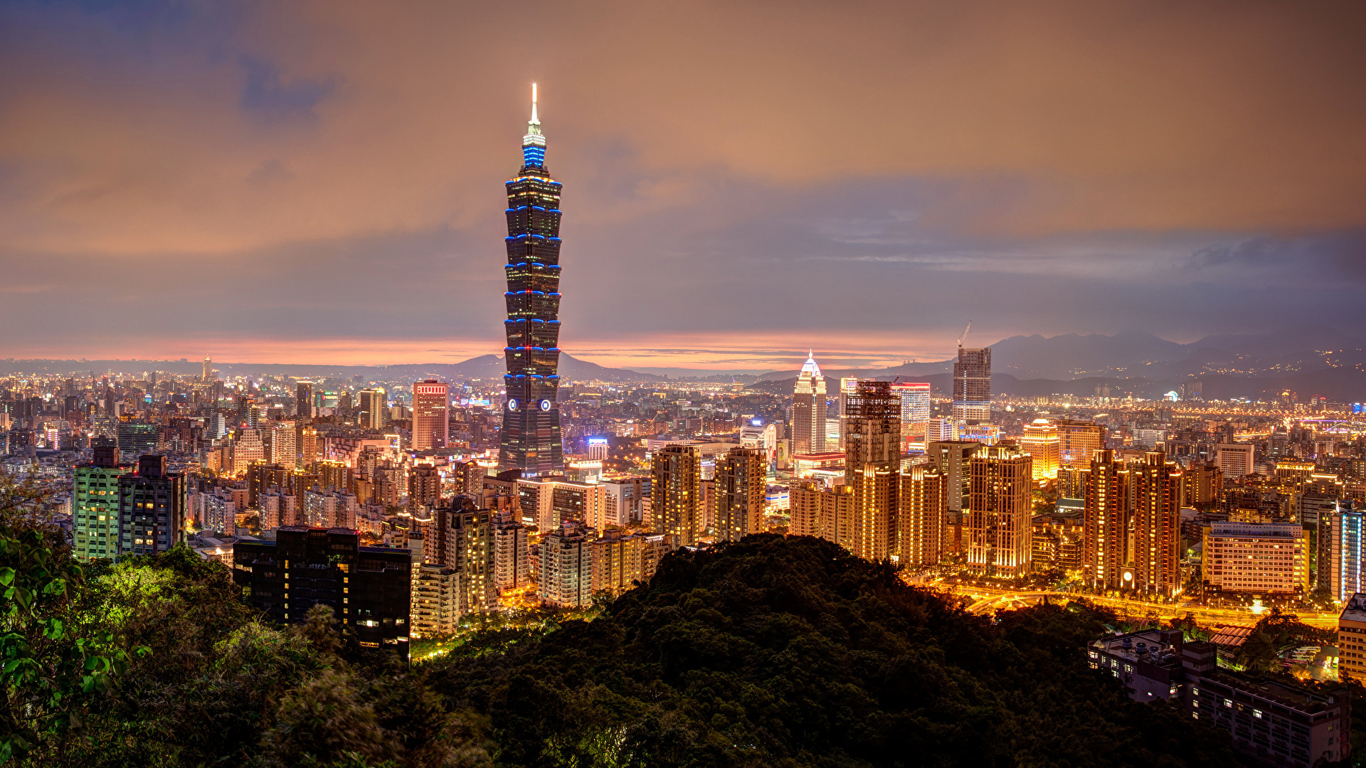 壁紙 19x1080 中華人民共和国 住宅 超高層建築物 台湾 台北市 夜 メガロポリス 都市 ダウンロード 写真