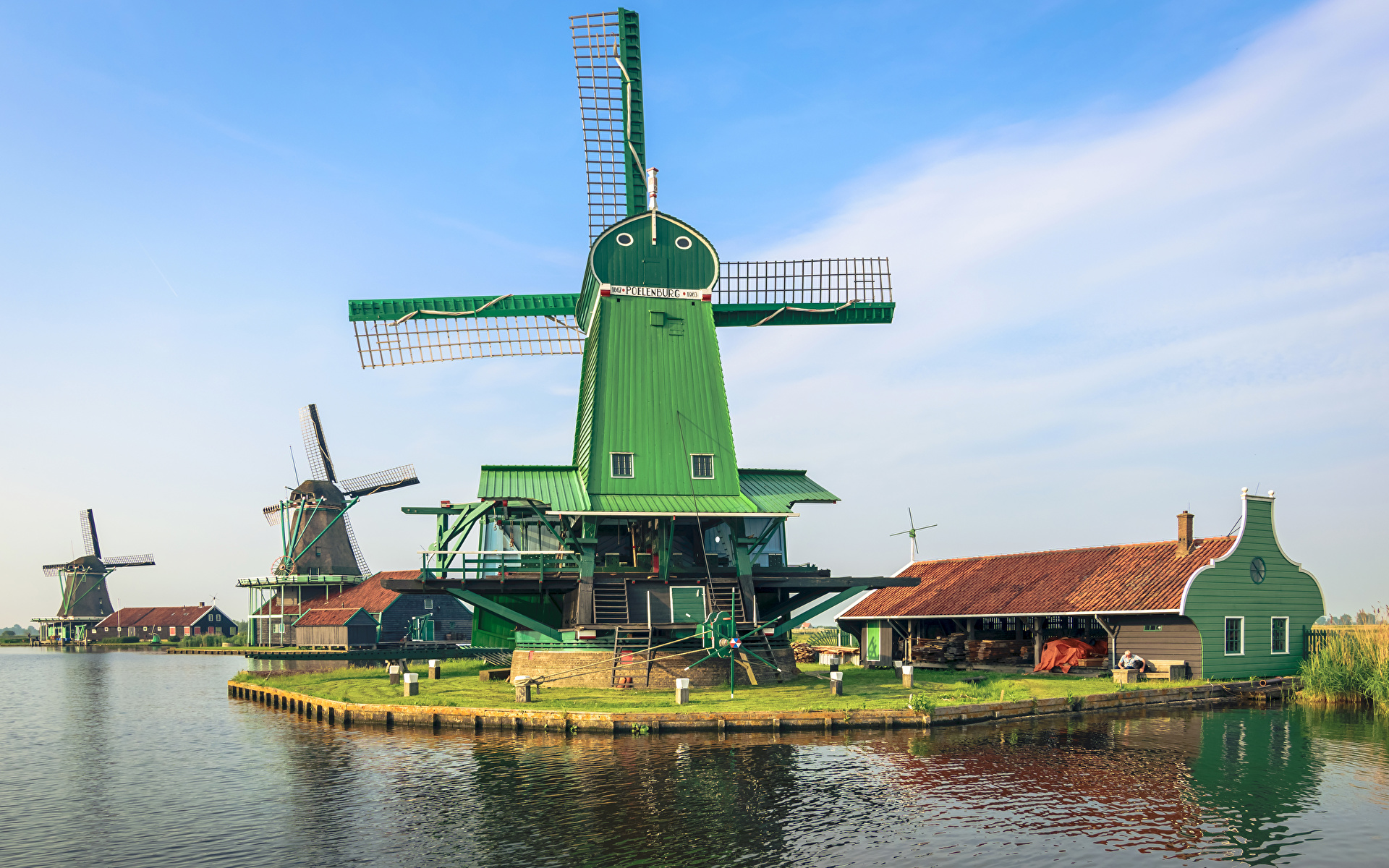 Фотография Нидерланды ветряная мельница Zaanse Schans 1920x1200