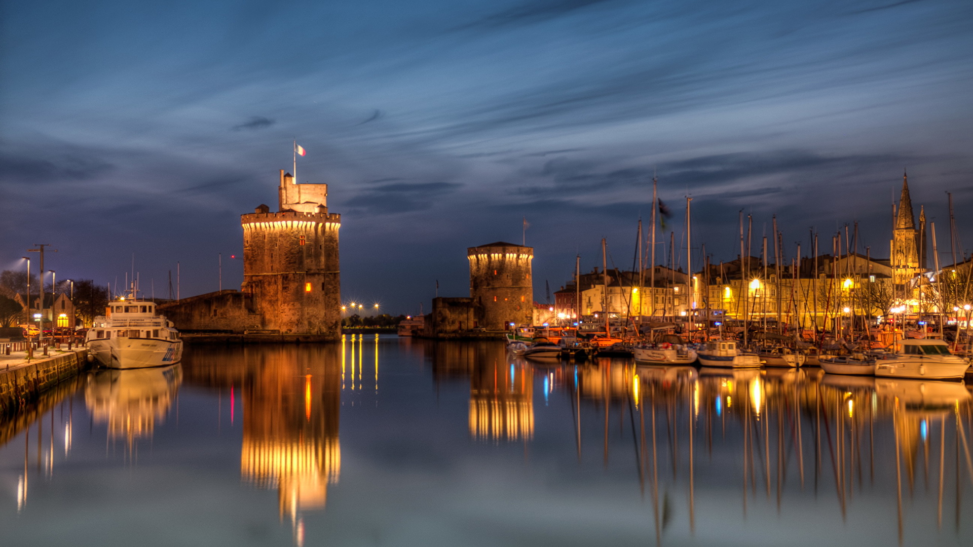 Images France La Rochelle Night Water Marinas Cities 1920x1080