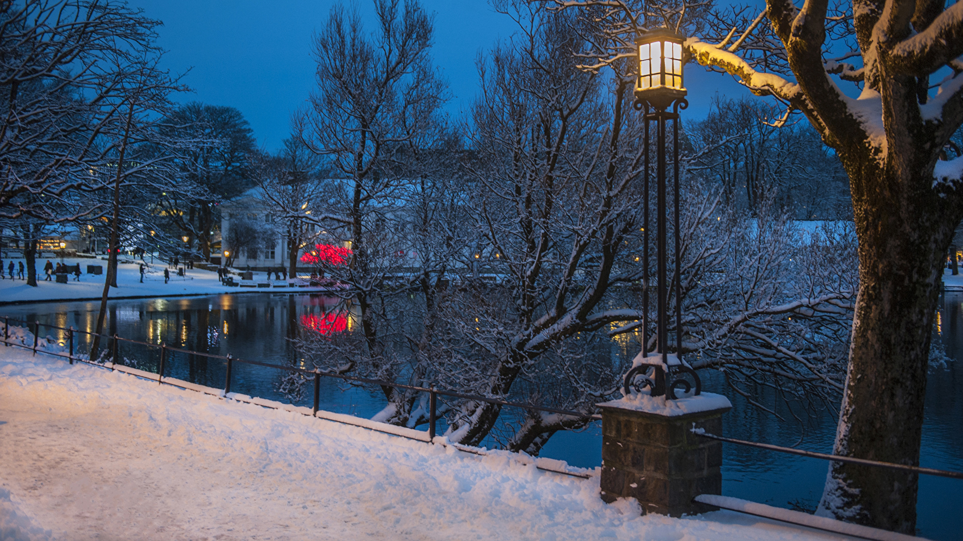 Wallpaper Norway Stavanger Winter Pond Snow Street lights 1920x1080