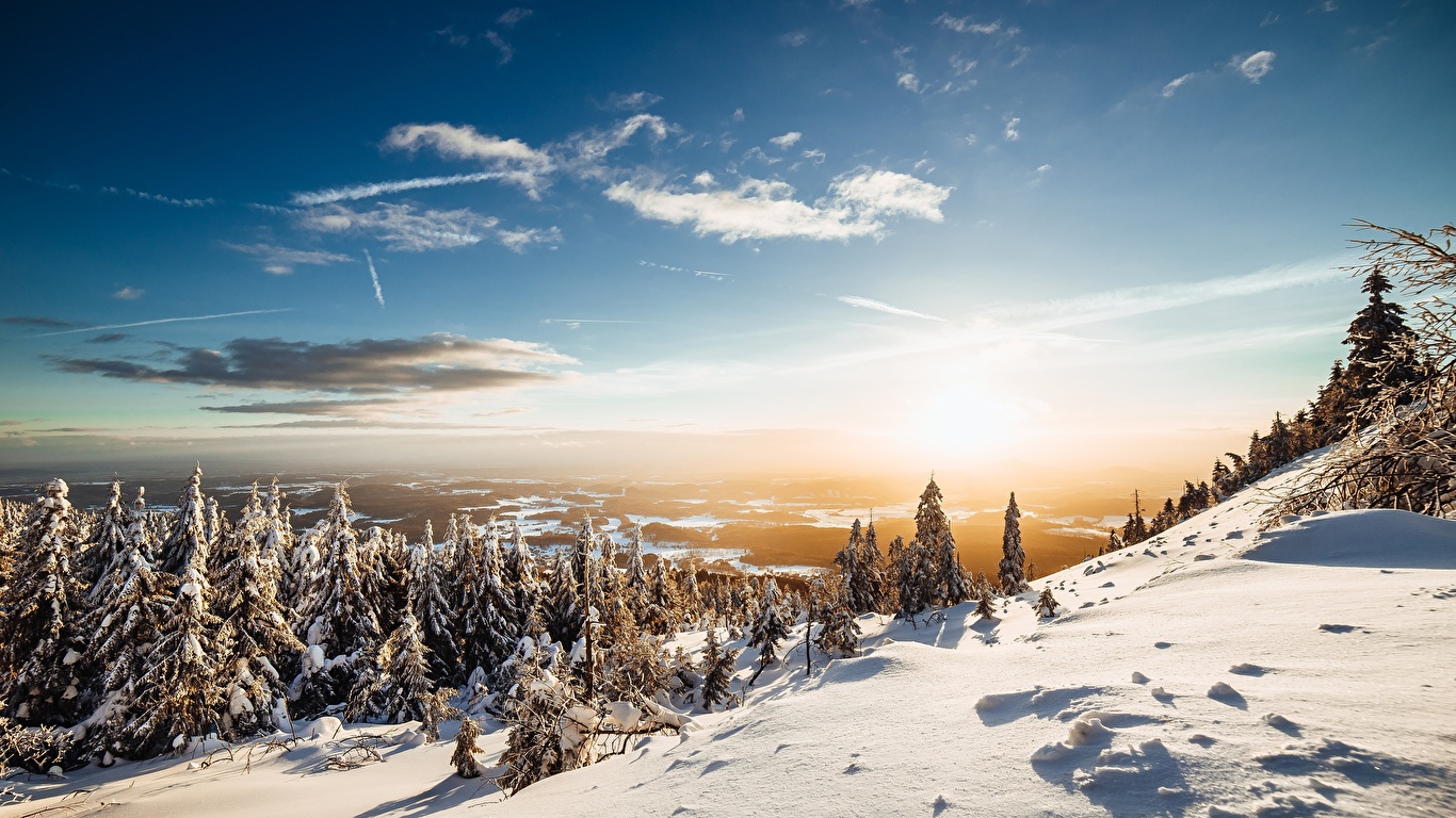 壁紙 1366x768 山 冬 風景写真 空 雪 木 太陽 トウヒ属 自然 ダウンロード 写真