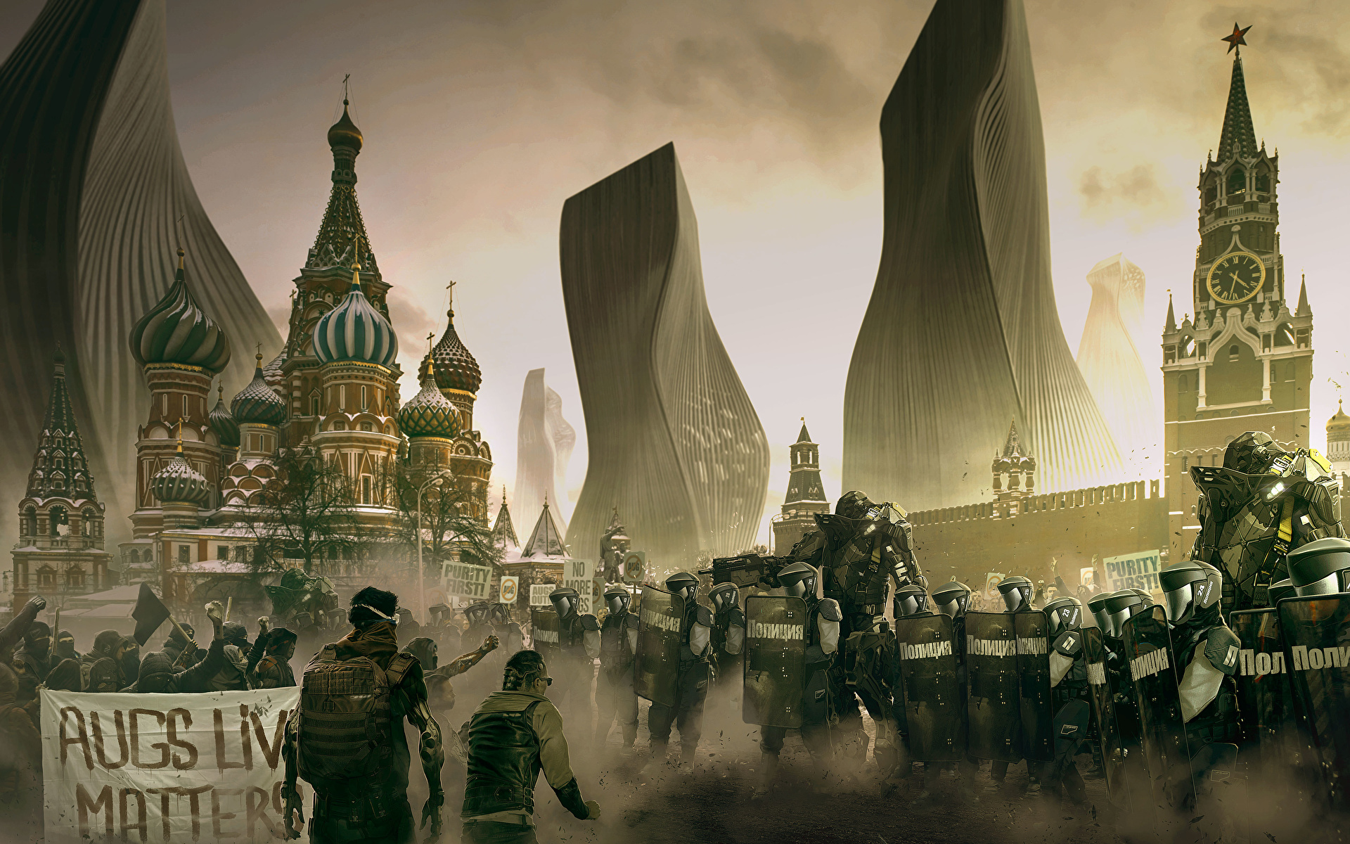 Фото Deus Ex Москва полицейский Московский Кремль Mankind 1920x1200